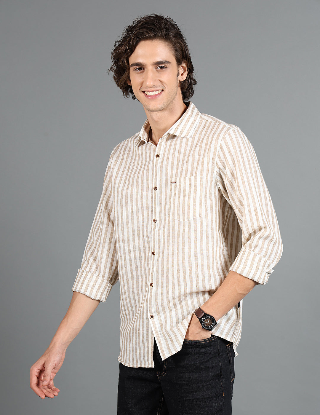 IDENTITI Men Slim Fit Regular Collar Striped Shirt In Beige.