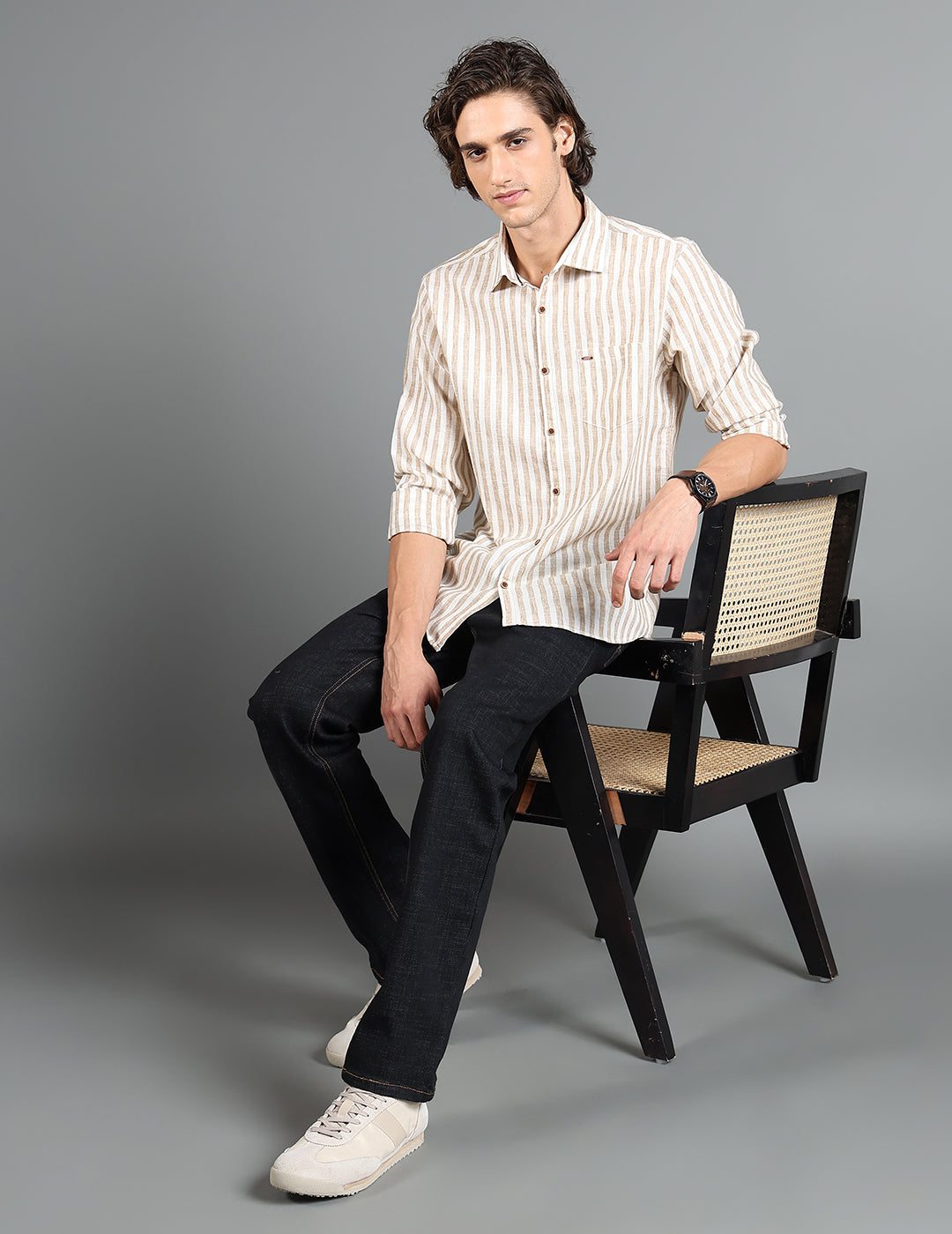 IDENTITI Men Slim Fit Regular Collar Striped Shirt In Beige.