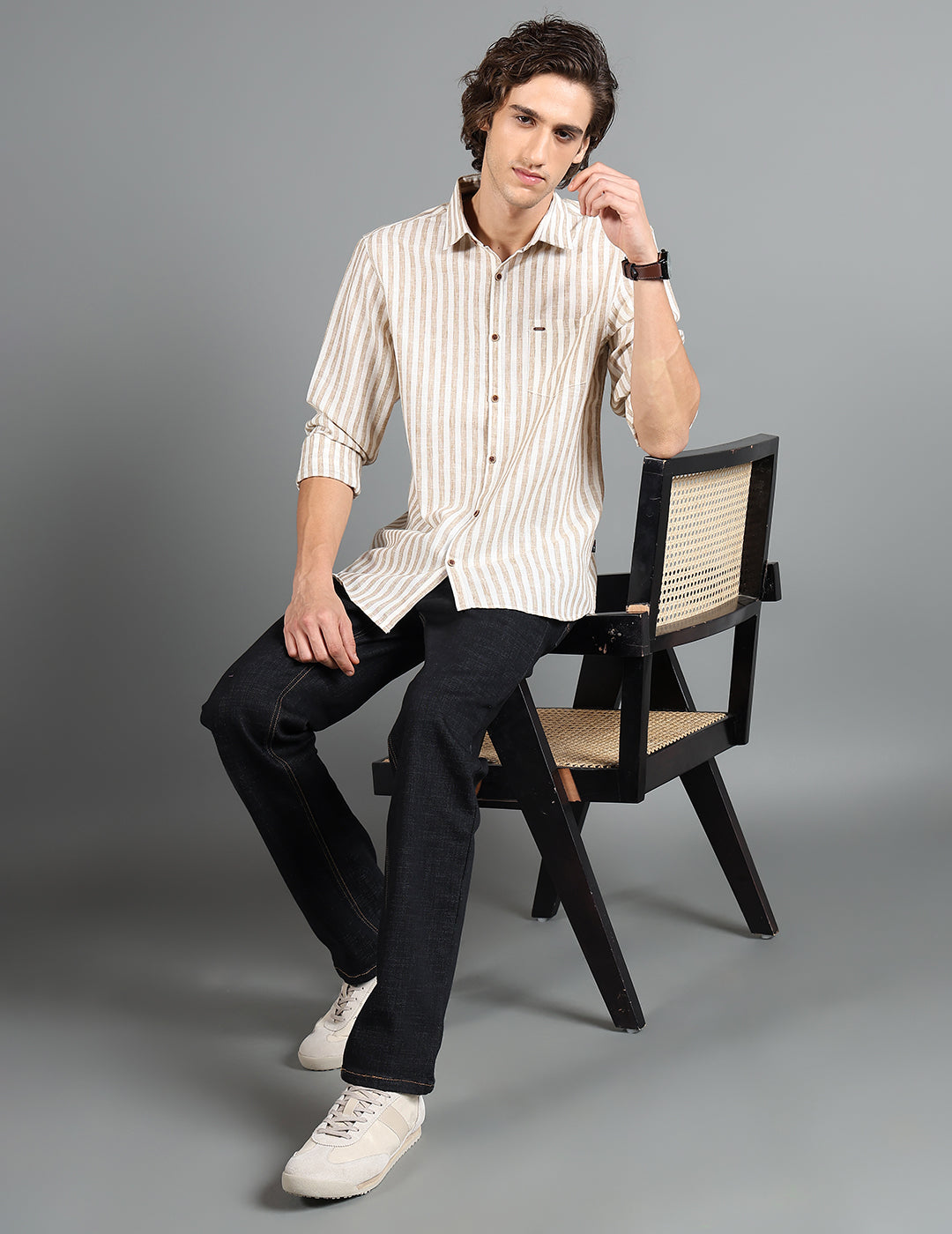 IDENTITI Men Slim Fit Regular Collar Striped Shirt In Beige.