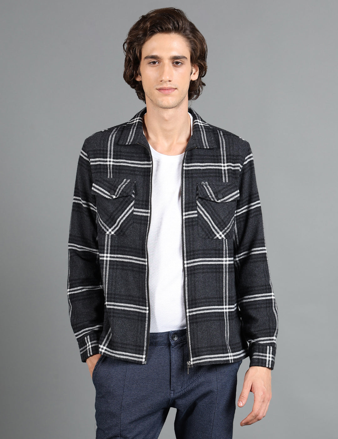 IDENTITI Men Slim Fit Regular Collar Checks Shacket In Black.