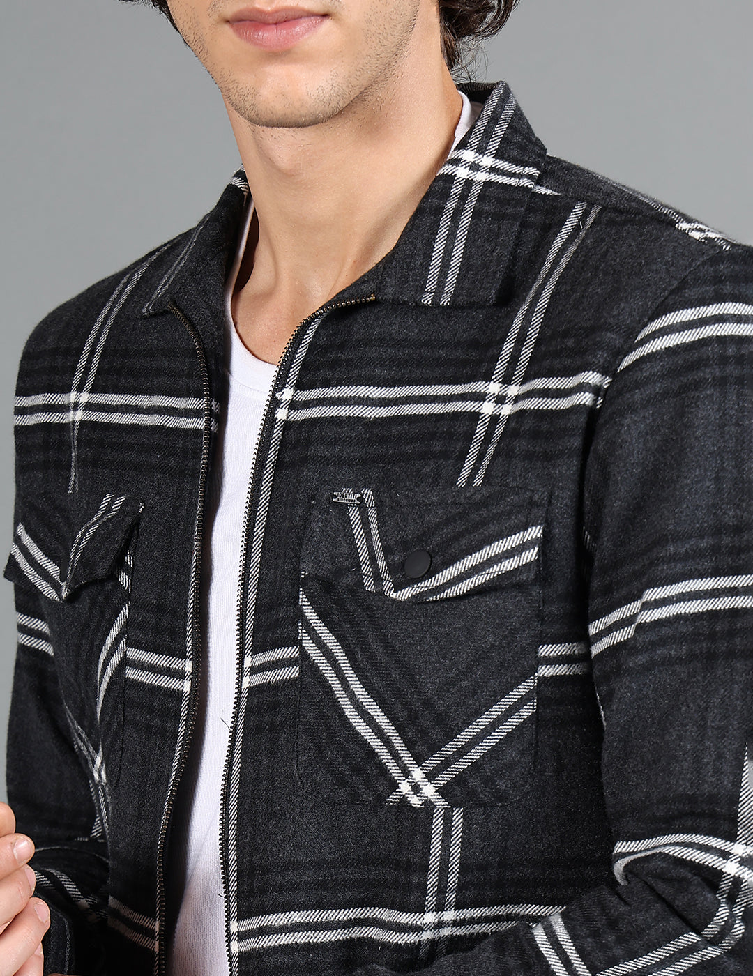 IDENTITI Men Slim Fit Regular Collar Checks Shacket In Black.