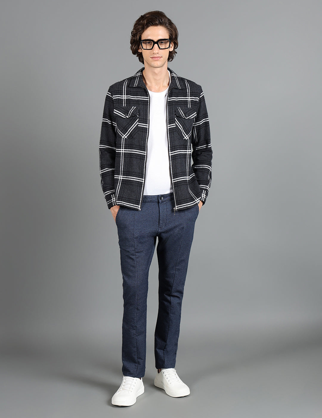 IDENTITI Men Slim Fit Regular Collar Checks Shacket In Black.