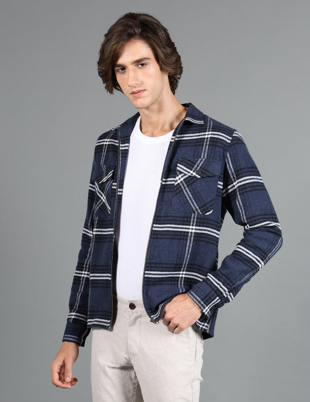 IDENTITI Men Slim Fit Regular Collar Checks Shacket In Navy.