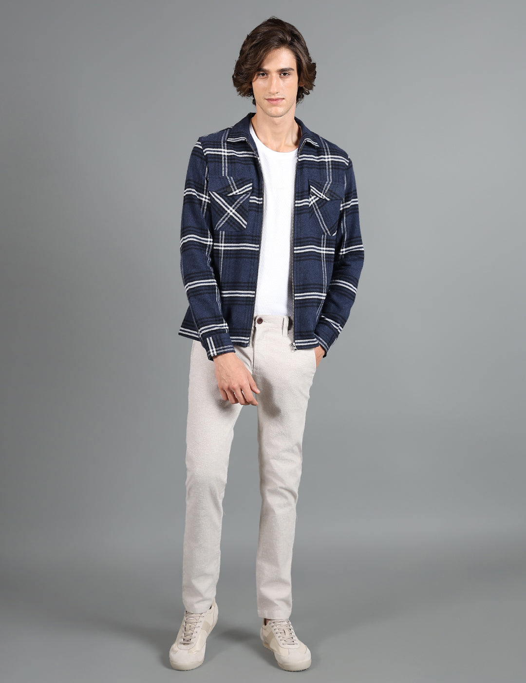 IDENTITI Men Slim Fit Regular Collar Checks Shacket In Navy.