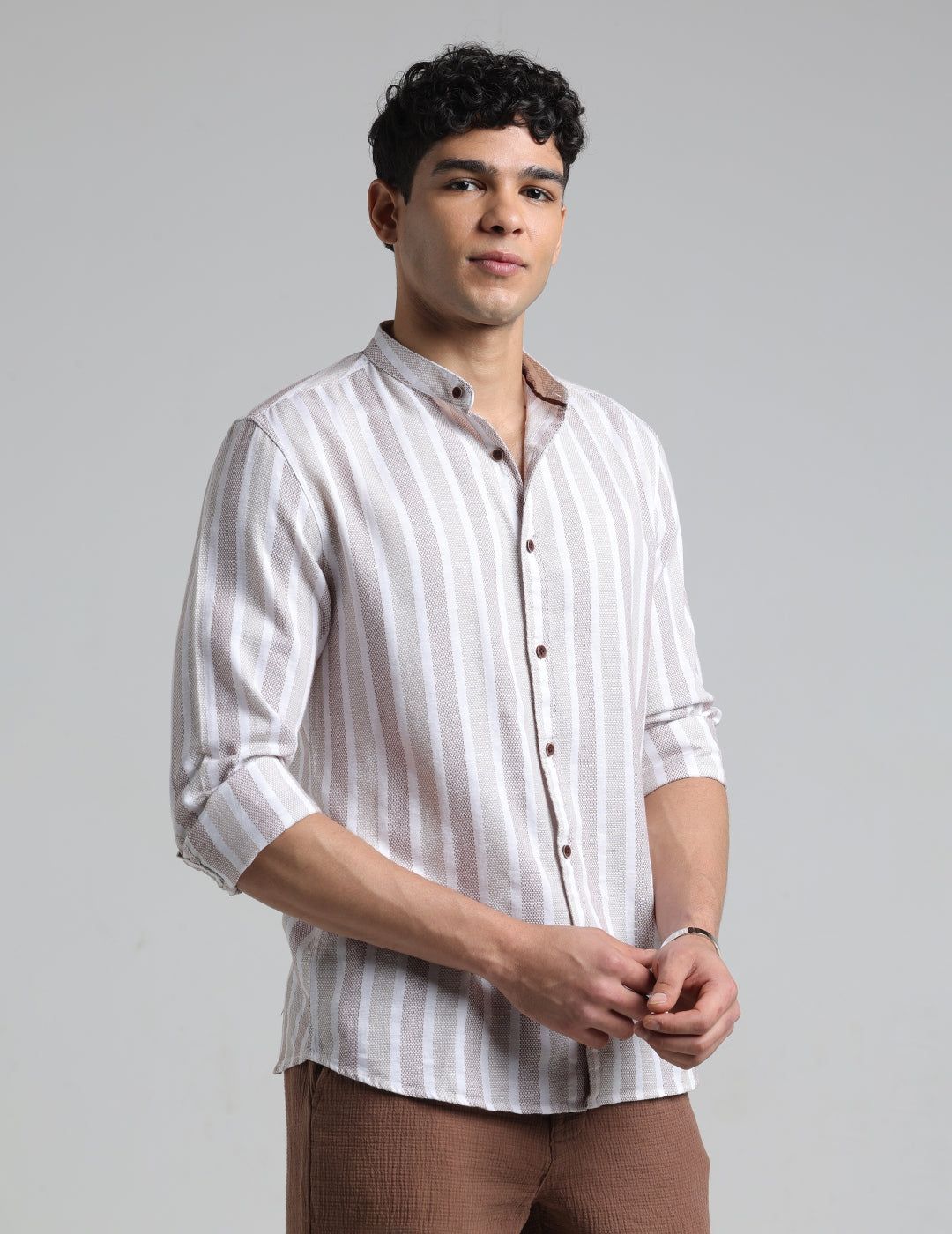 IDENTITI Men Slim Fit Mandarin Collar Striped Shirt In Brown.
