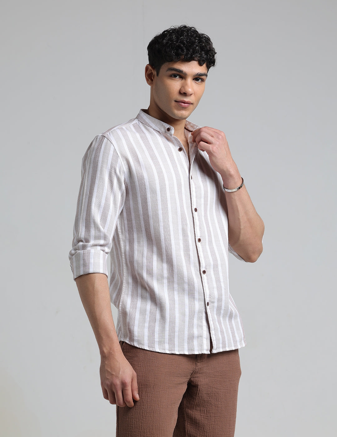 IDENTITI Men Slim Fit Mandarin Collar Striped Shirt In Brown.
