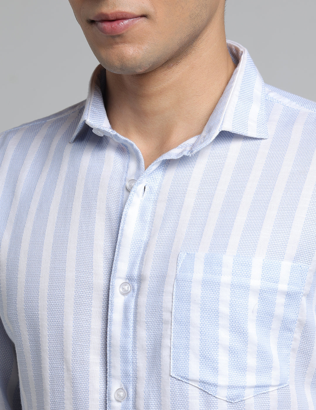 IDENTITI Men Slim Fit Cutaway Collar Stripe Shirt In Blue.