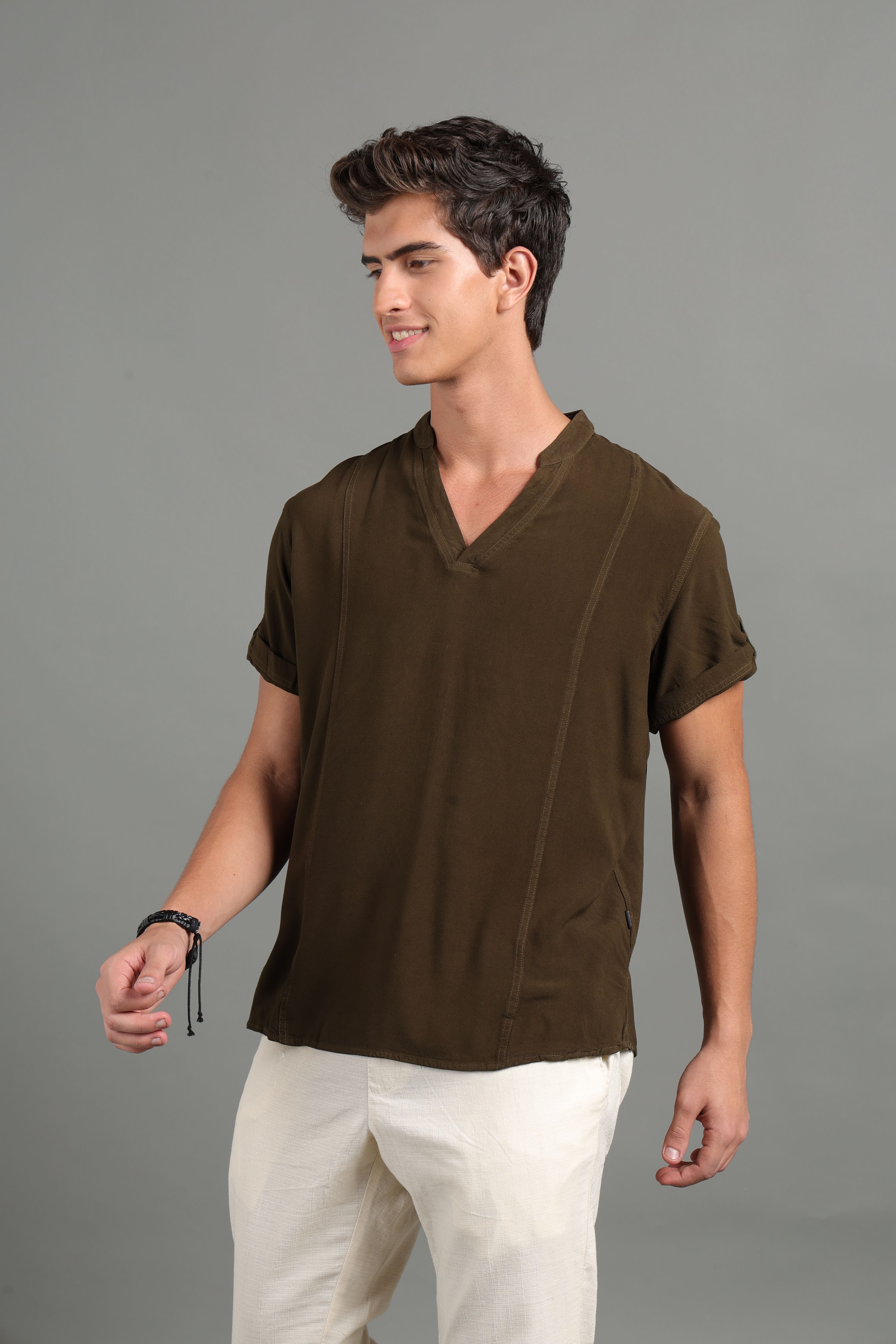 IDENTITI Men Slim Fit Mandarin Collar Solid Shirt In Olive.