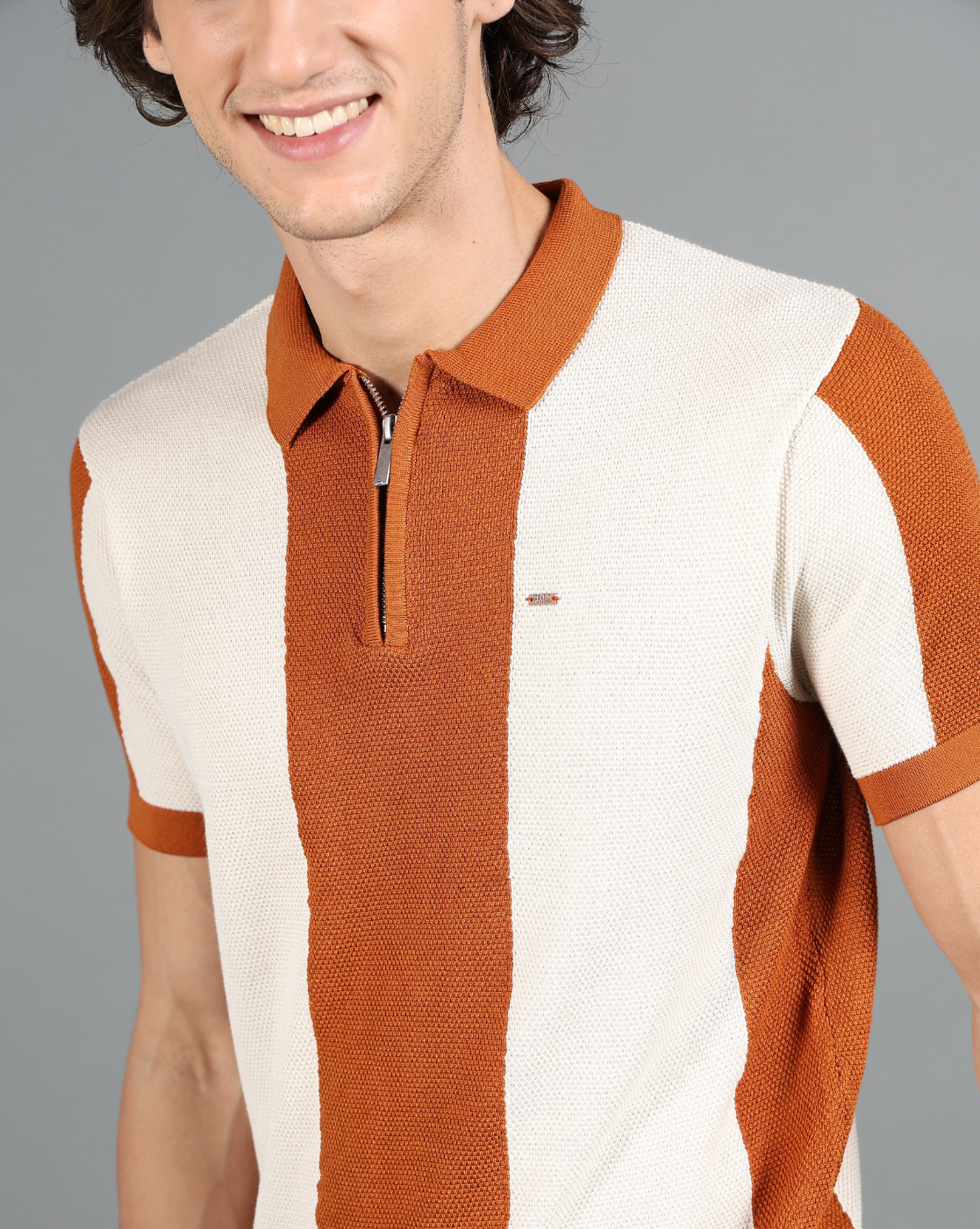 IDENTITI Mustard Half Sleeve Striped Slim Fit Cotton Casual Polo T-Shirt For Men.