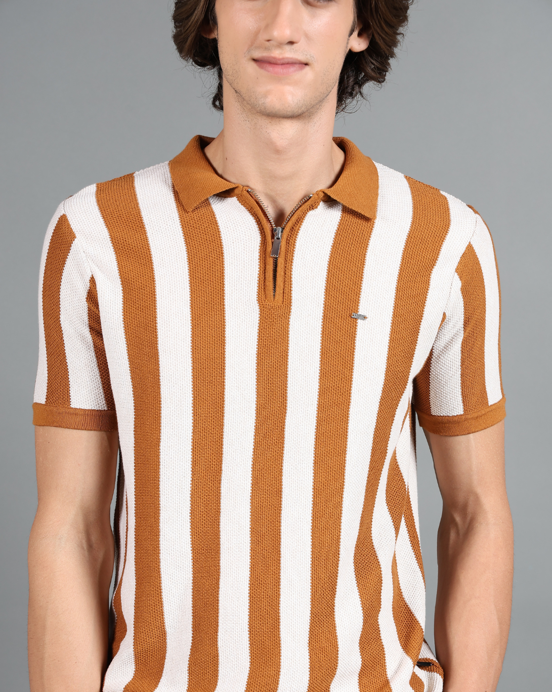 IDENTITI Brown Half Sleeve Striped Slim Fit Cotton Casual Polo T-Shirt For Men.