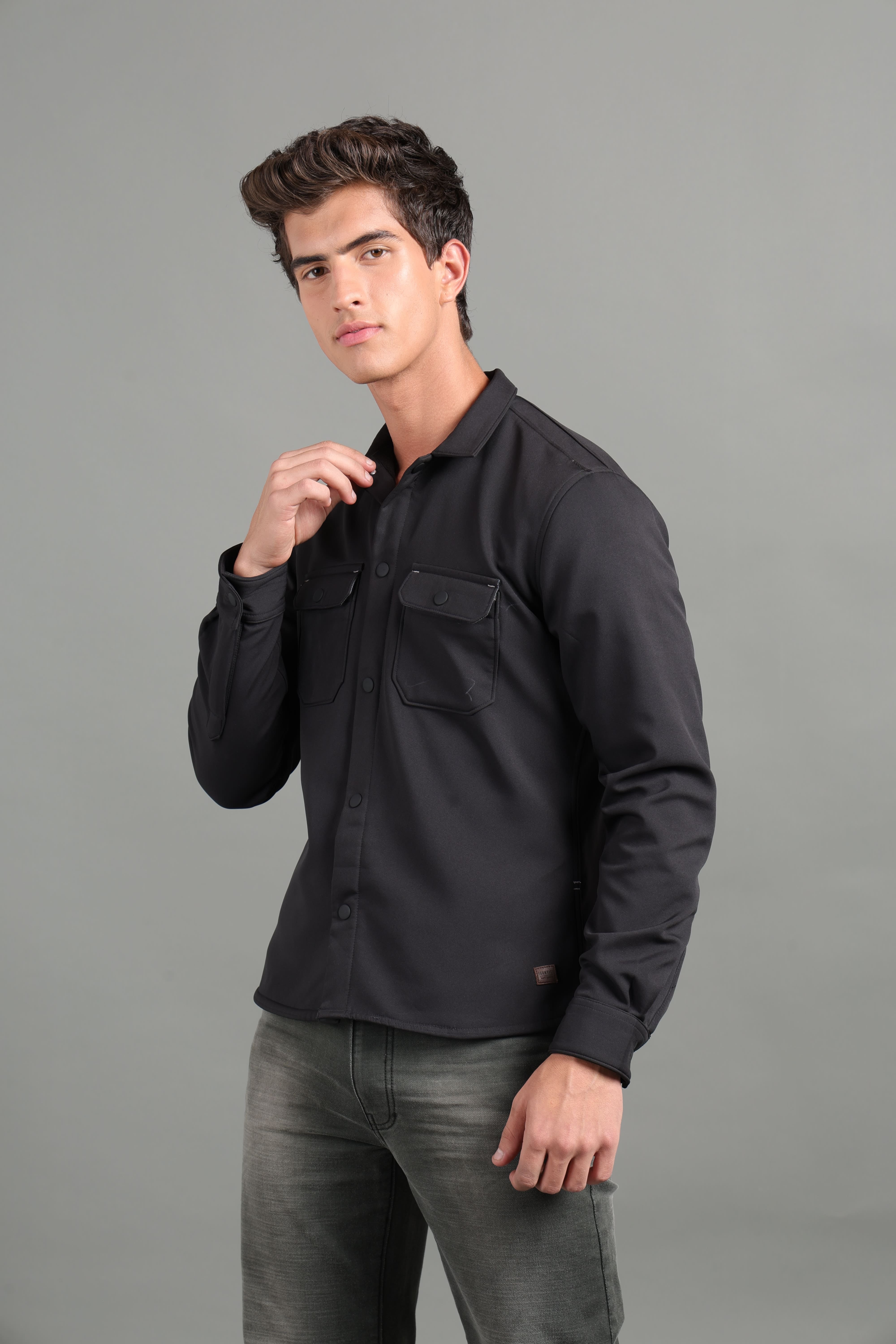 IDENTITI Men Slim Fit Regular Collar Solid Shacket In Black.