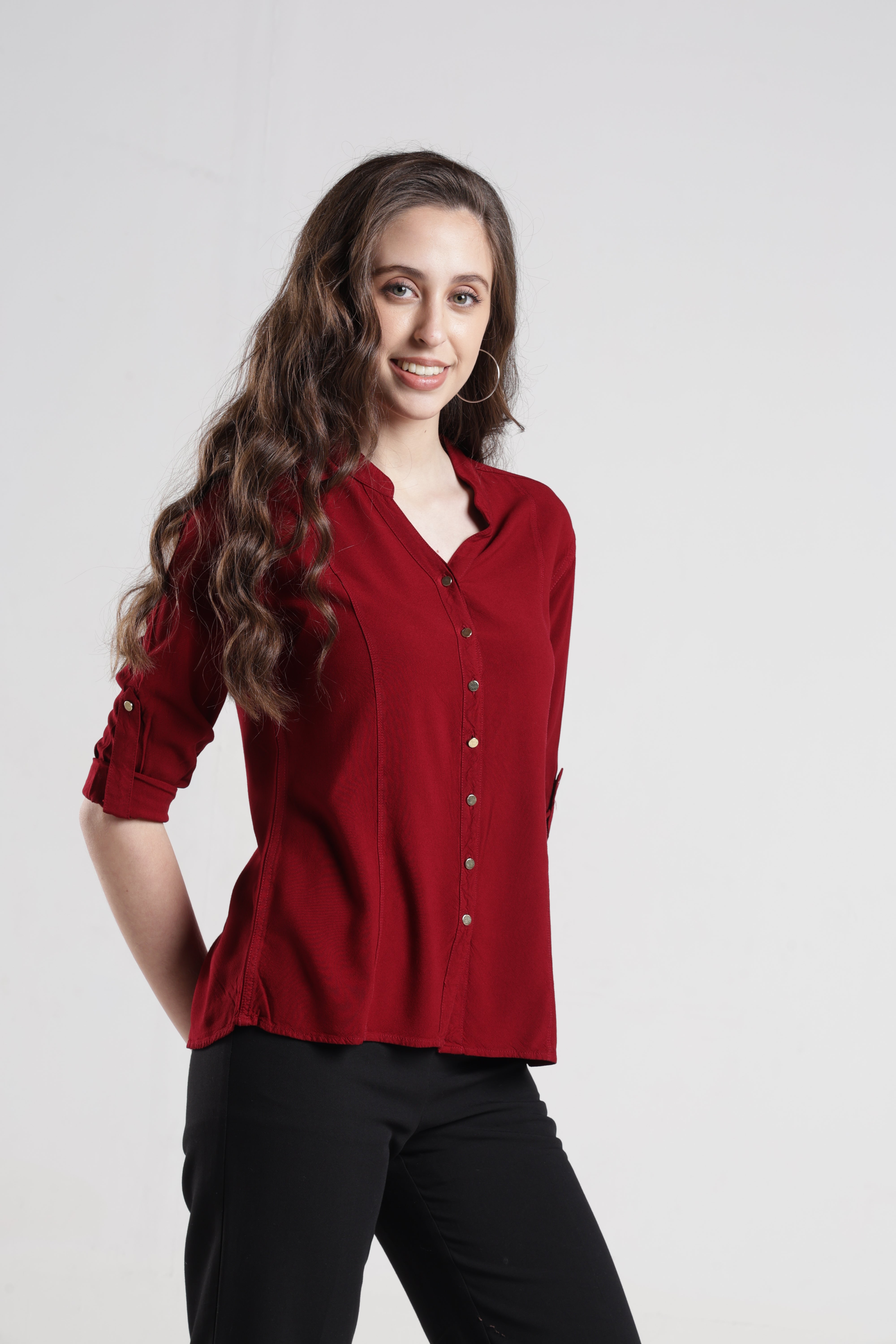 Identiti Women Indo Western Solid Shirt - Maroon