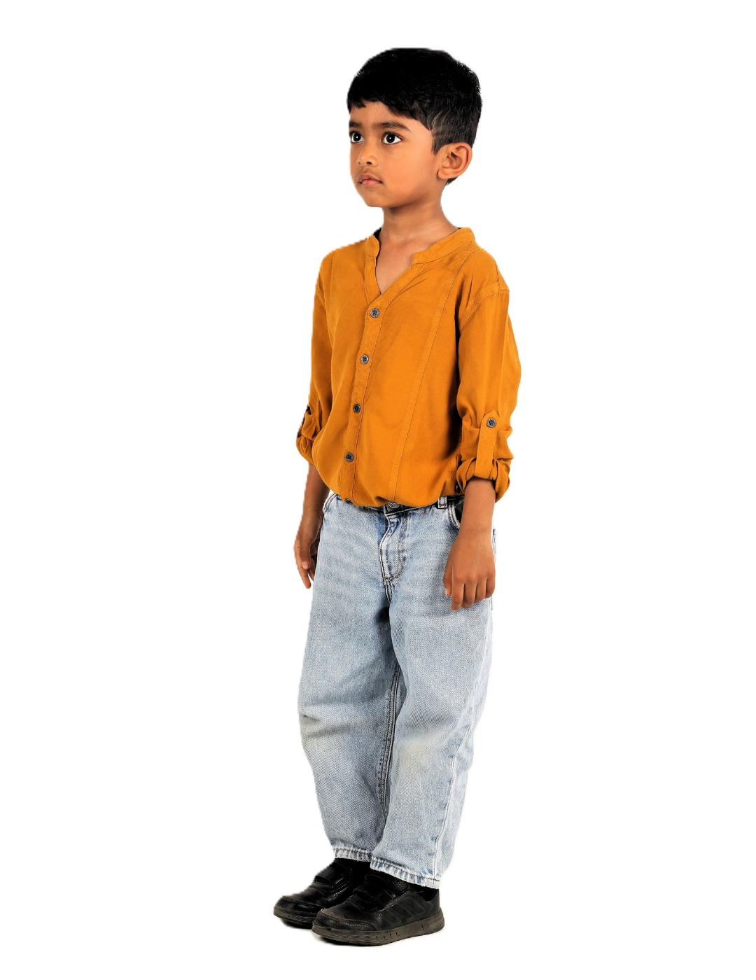 IDENTITI Boys Slim Fit Mandarin Collar Viscose Solid Shirt In Mustard.