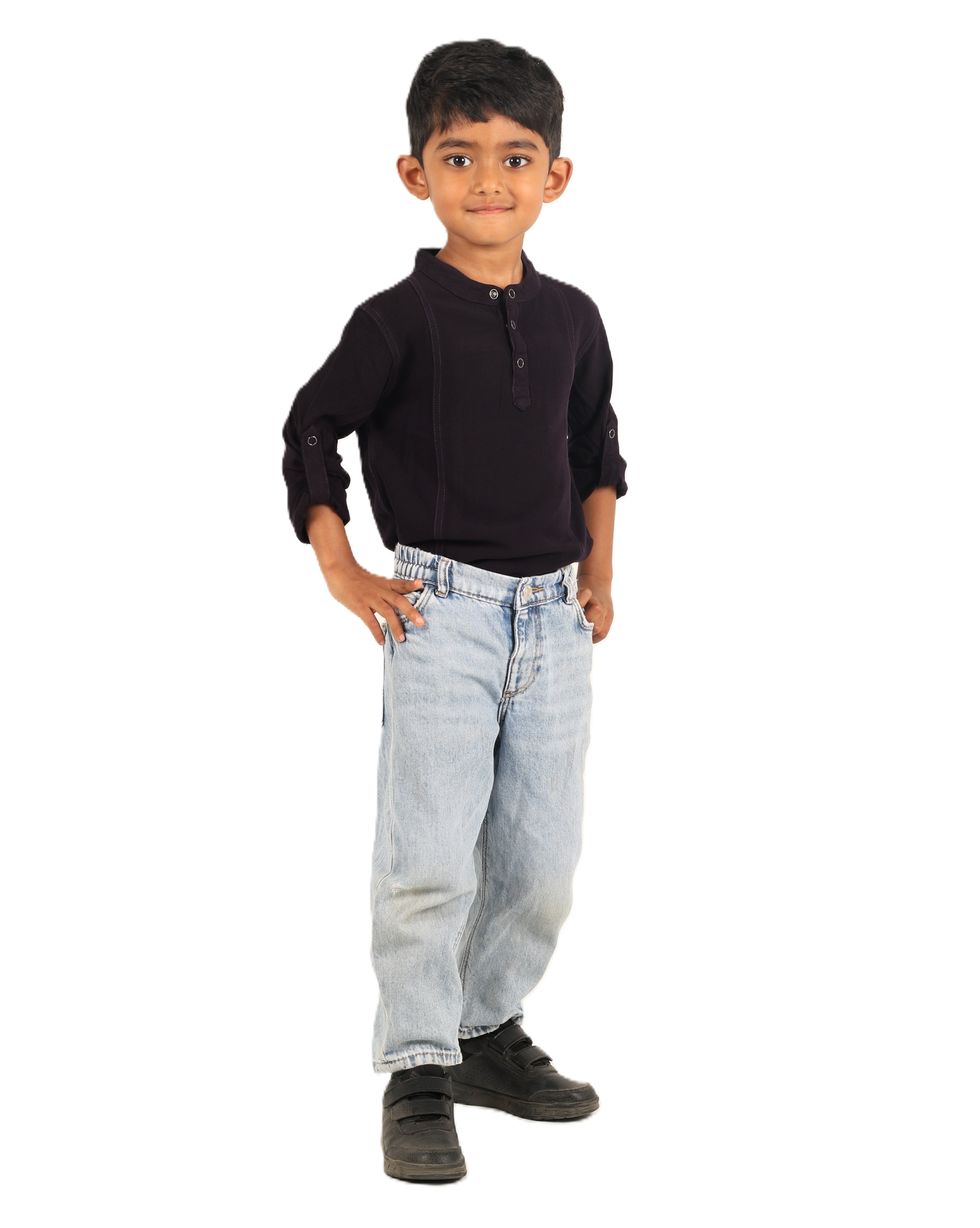 IDENTITI Boys Slim Fit Mandarin Collar Solid Shirt In Black.