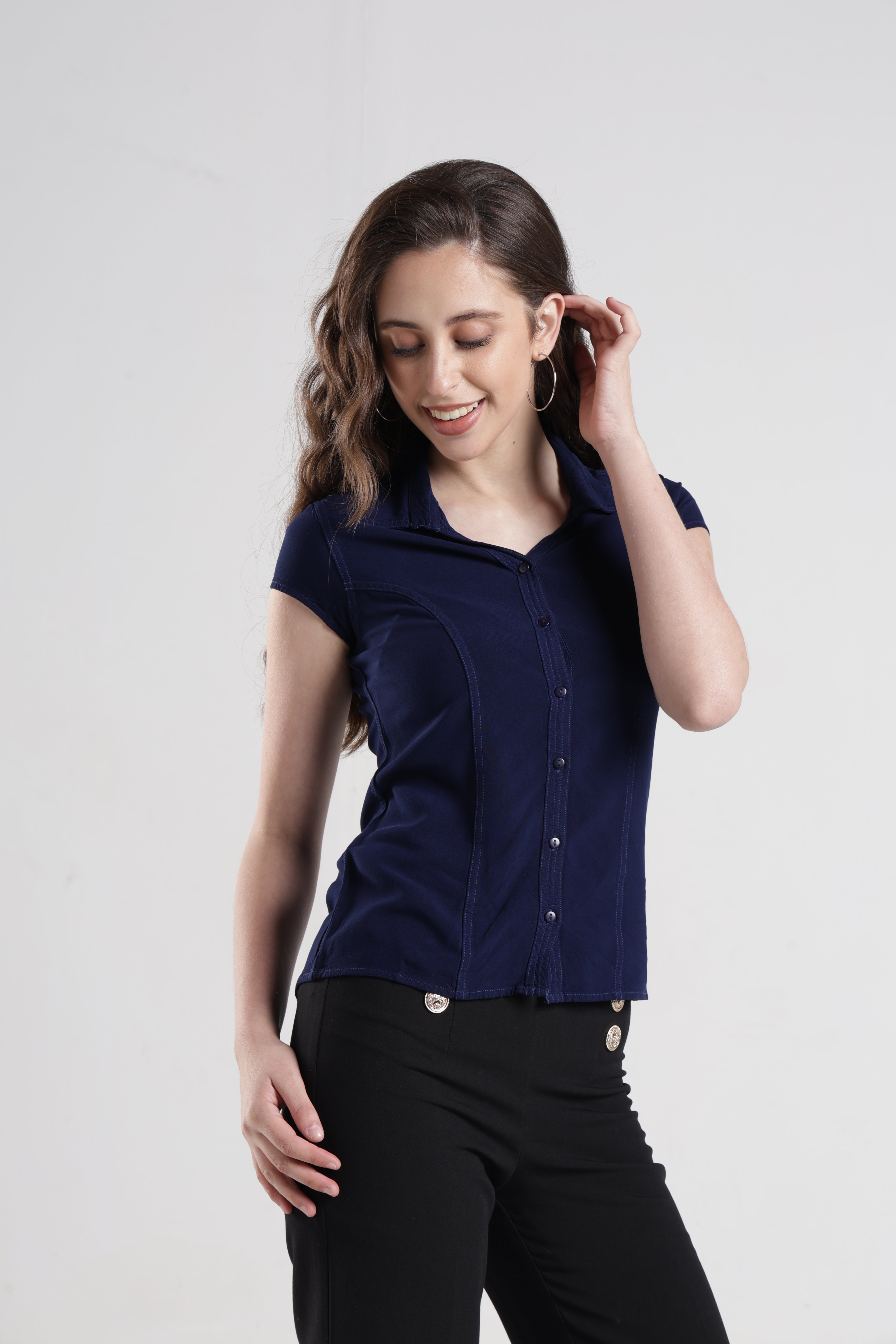 Identiti Women Indo Western Solid Shirt - Navy.
