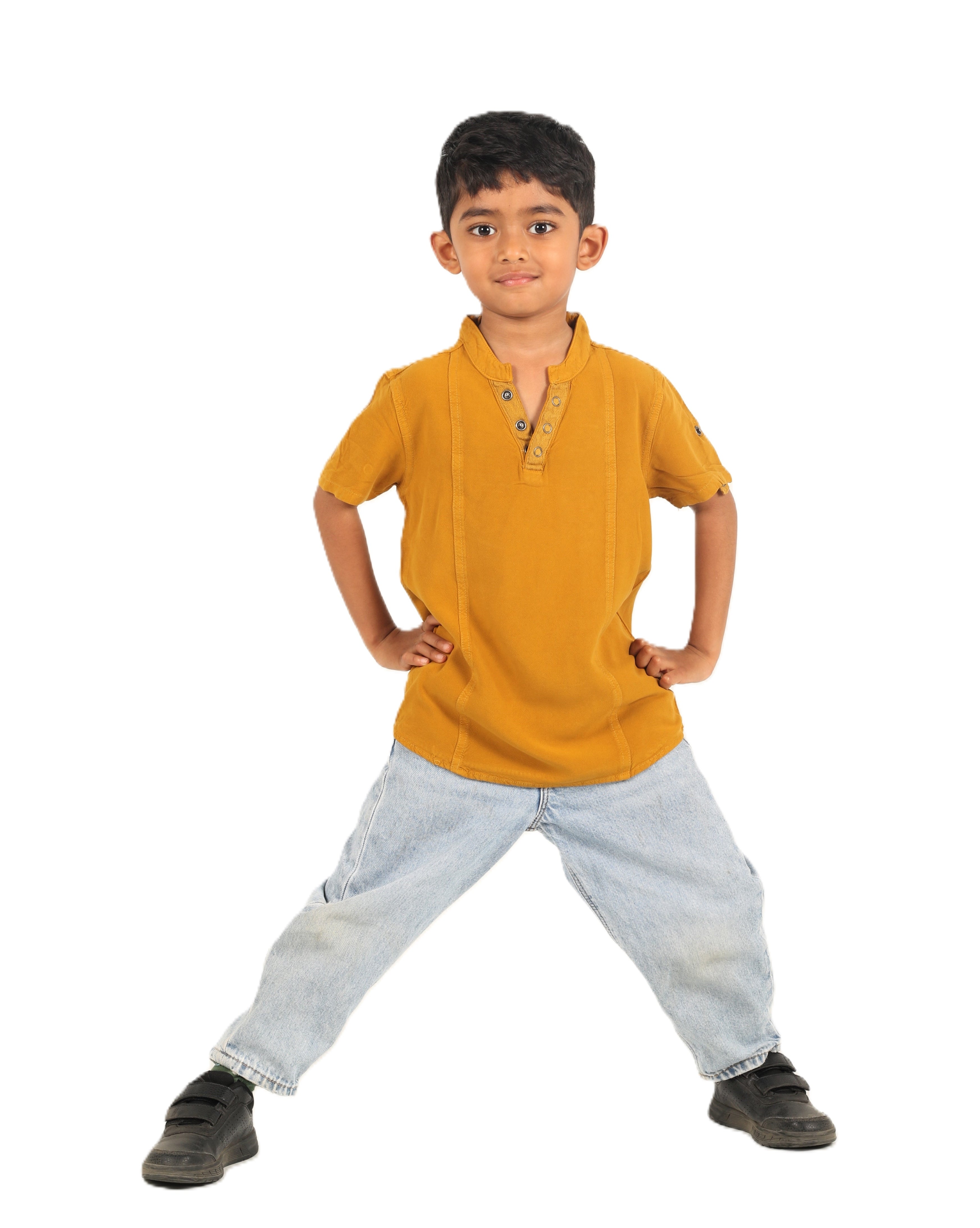 IDENTITI Boys Slim Fit Mandarin Collar Solid Shirt In Mustard.