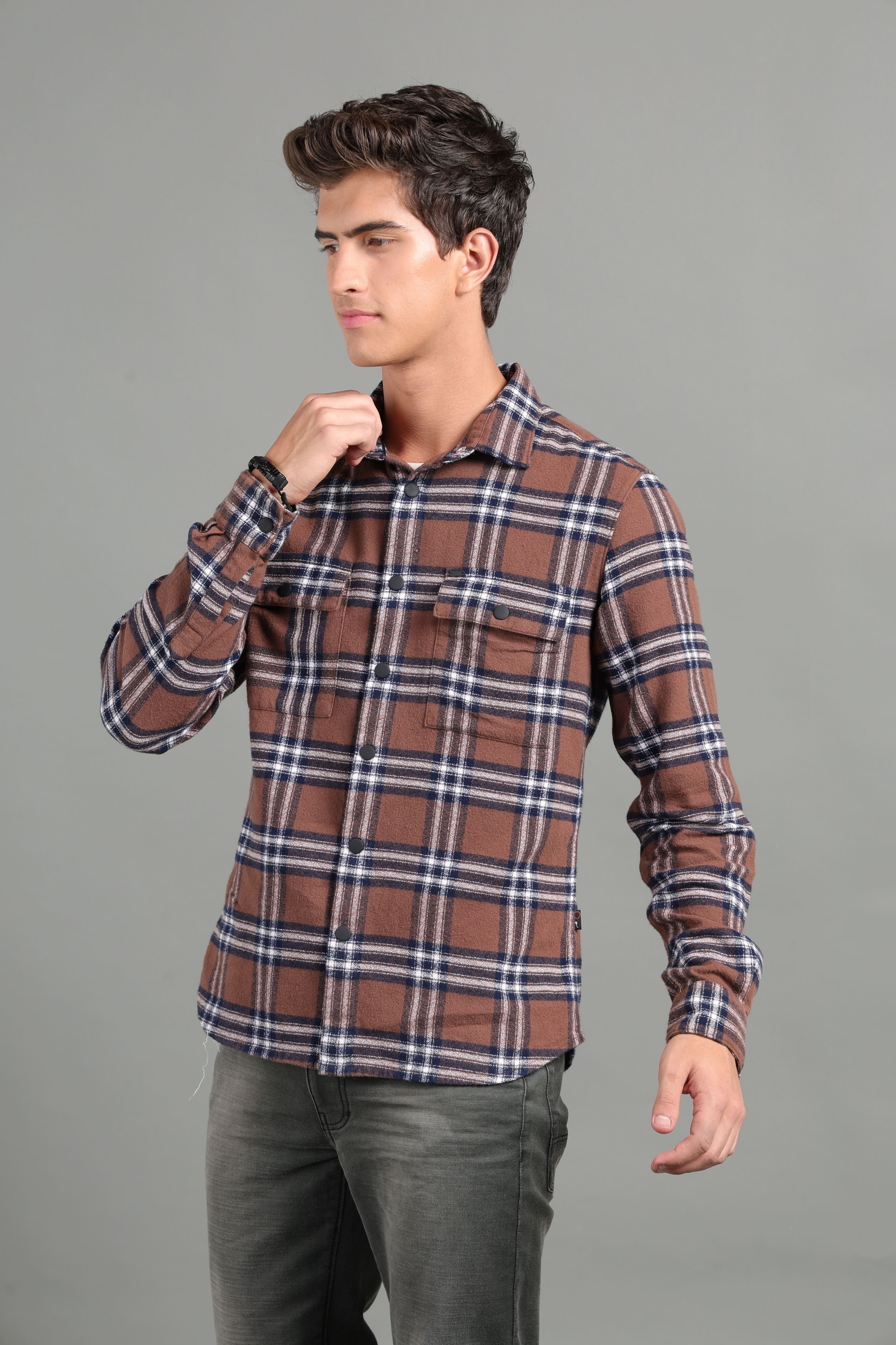 IDENTITI Men Slim Fit Regular Collar Checks Shacket In Brown.