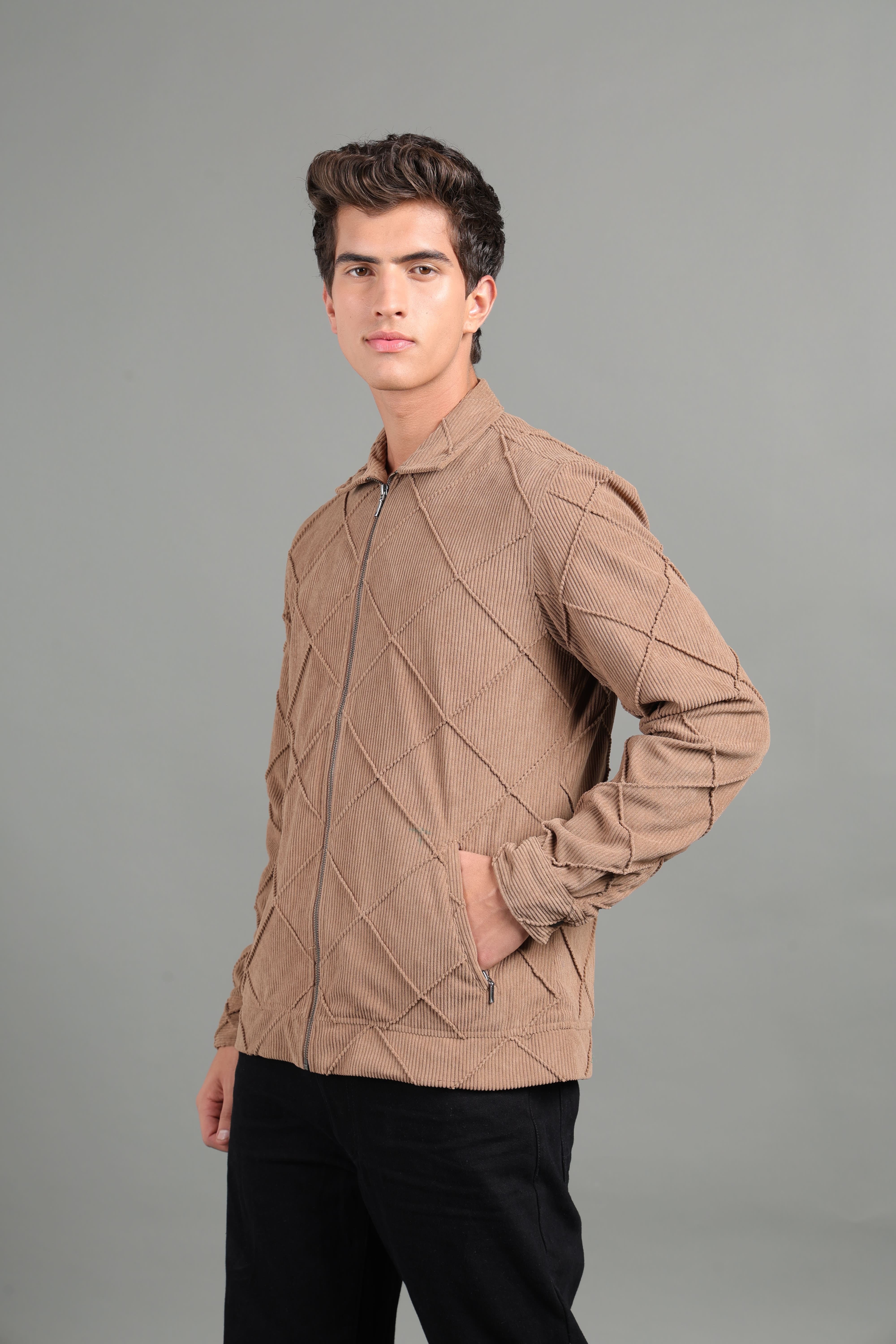 IDENTITI Men Slim Fit Regular Collar Solid Jacket In Khaki.