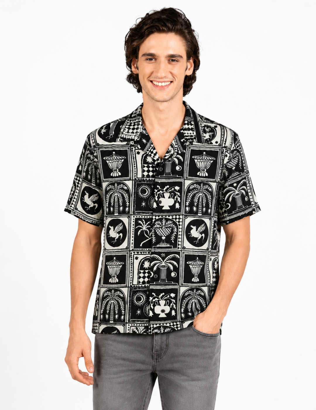 IDENTITI Men Slim Fit Cuban Collar Printed Shirt In Black.
