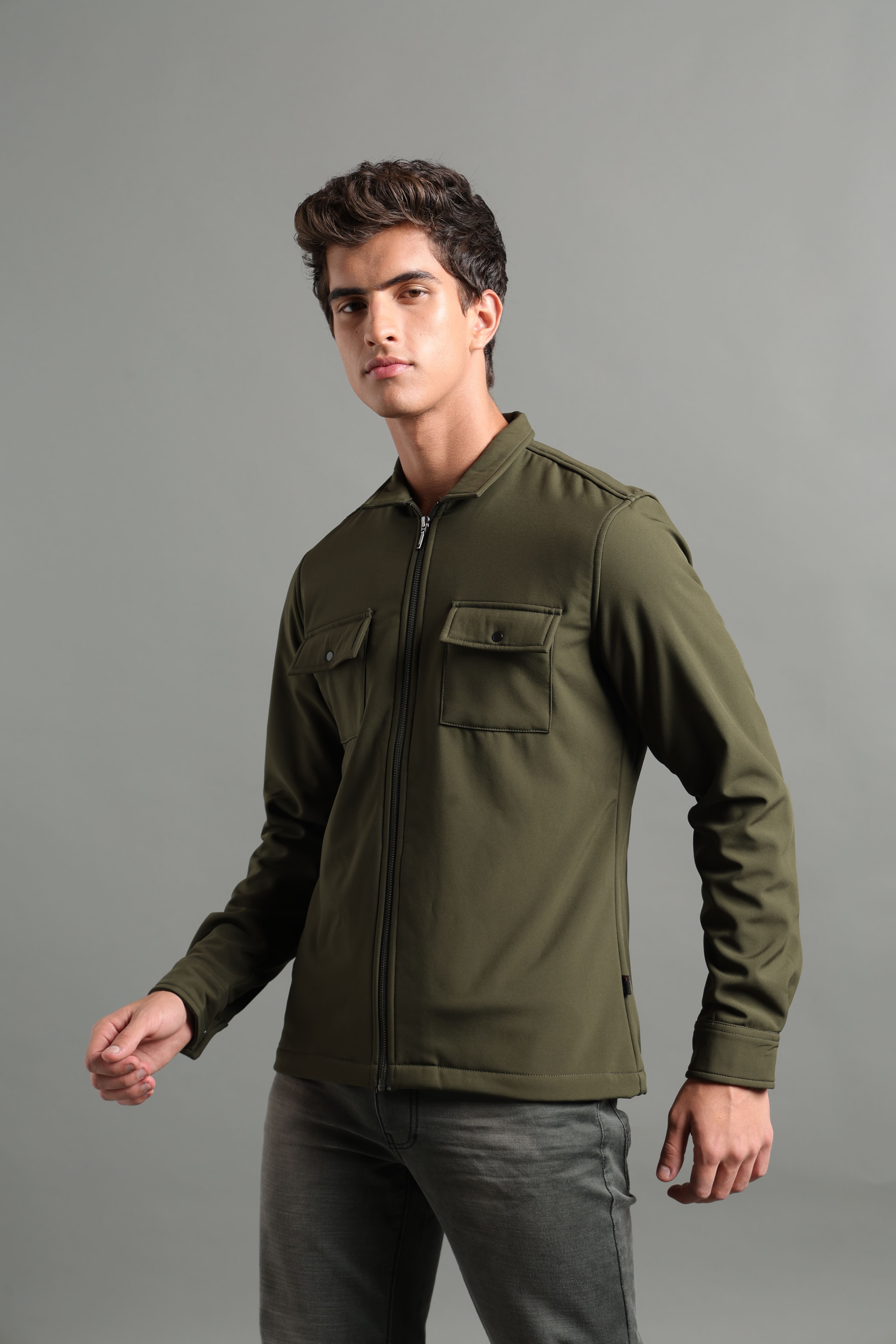 IDENTITI Men Slim Fit Regular Collar Solid Jacket In Olive.