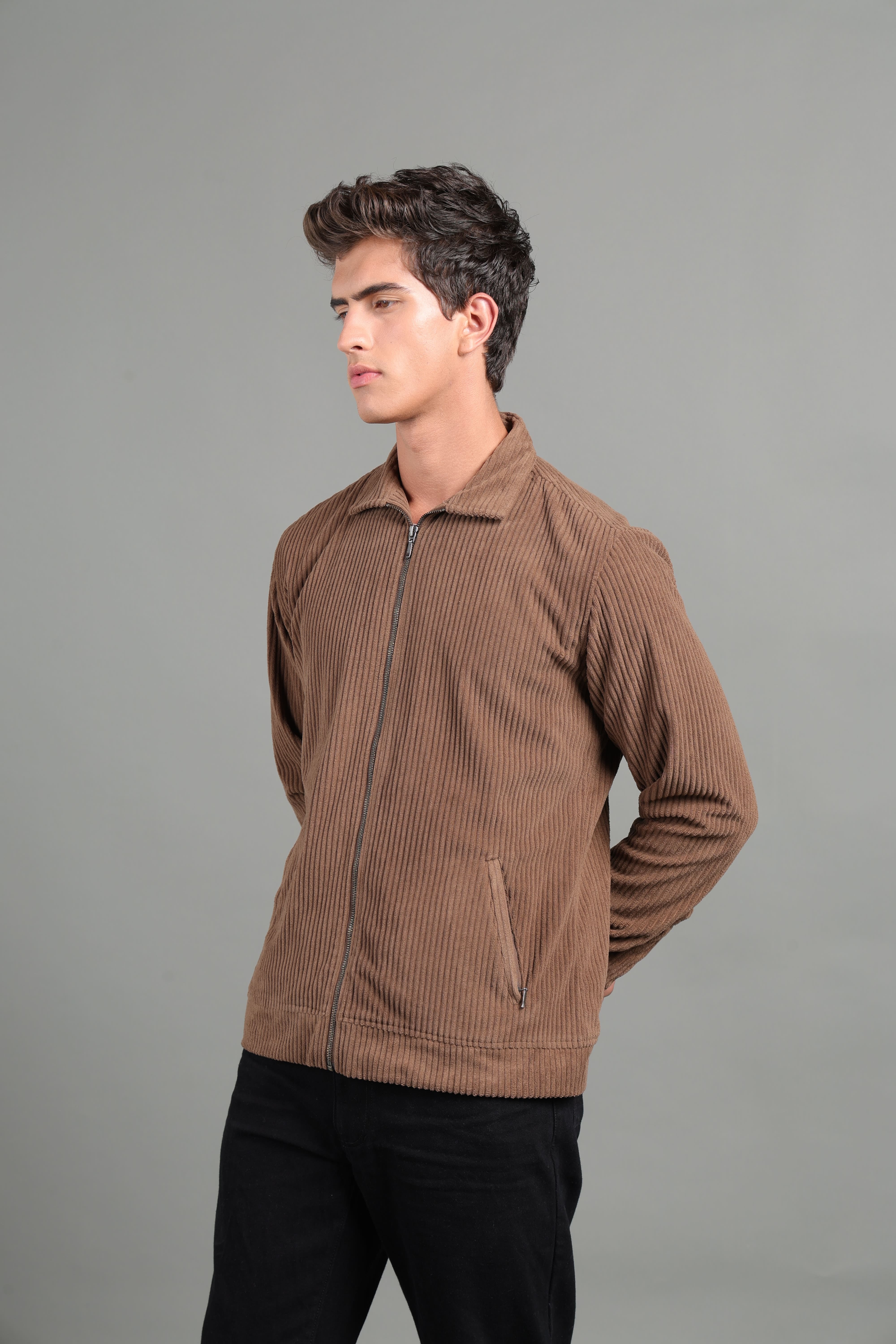 IDENTITI Men Slim Fit Regular Collar Solid Jacket In Khaki.