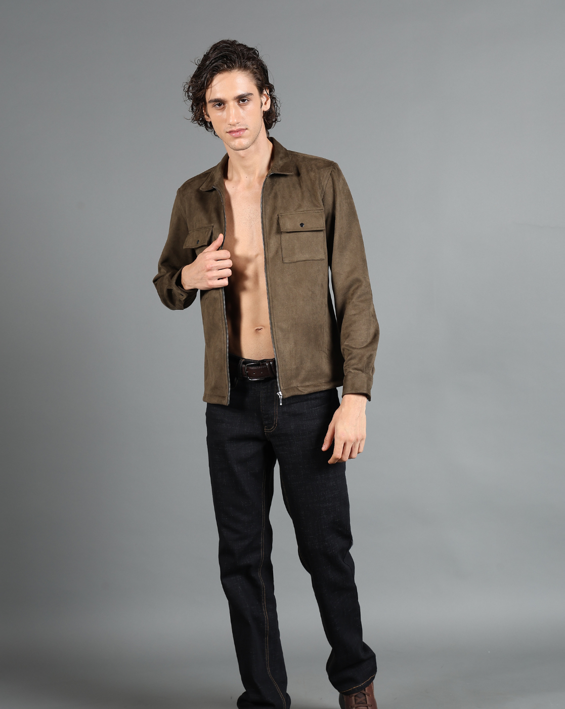 IDENTITI Men Slim Fit Regular Collar Solid Suede Jacket In Olive Green.