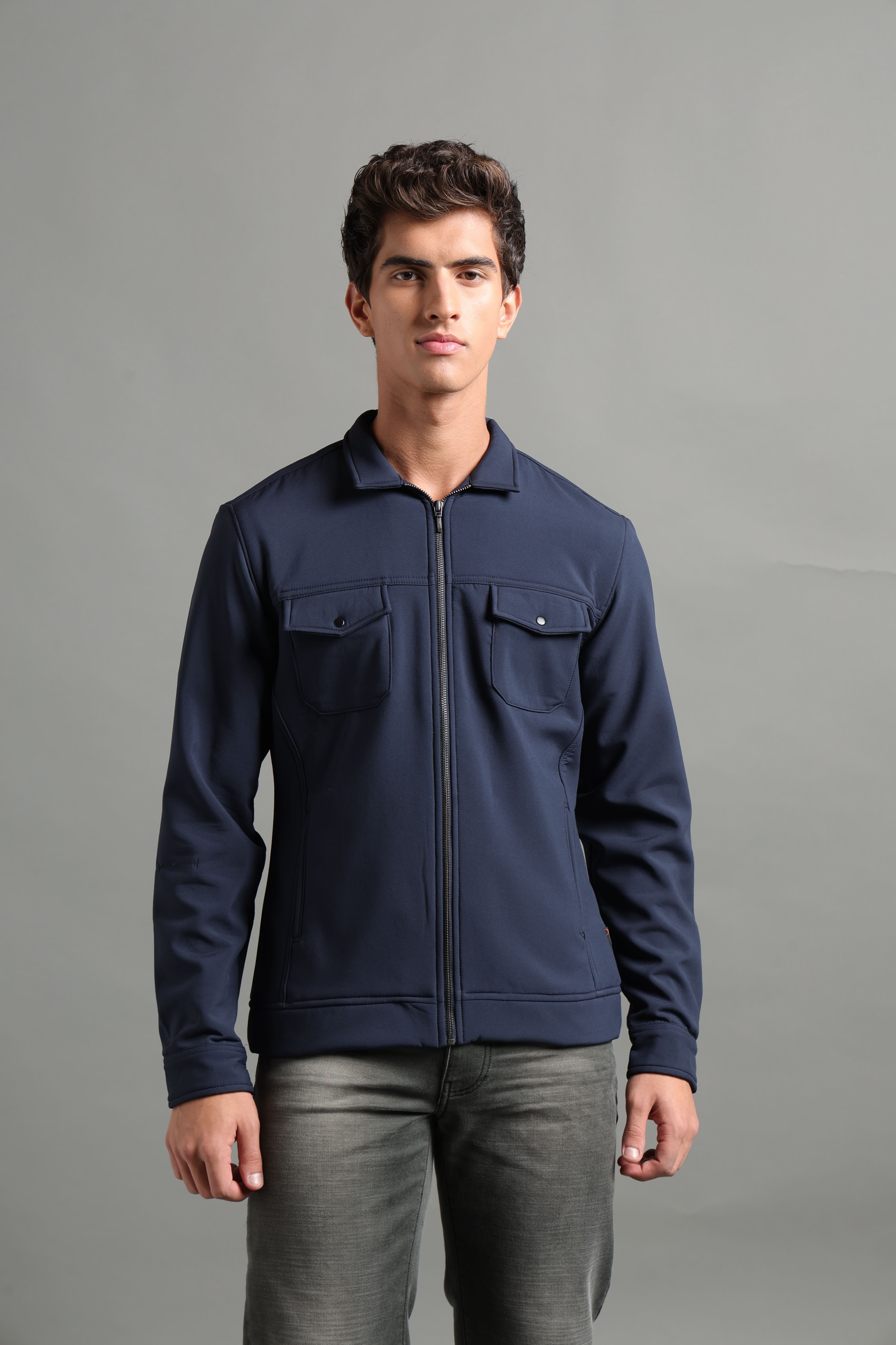 IDENTITI Men Slim Fit Regular Collar Solid Jacket In Navy.