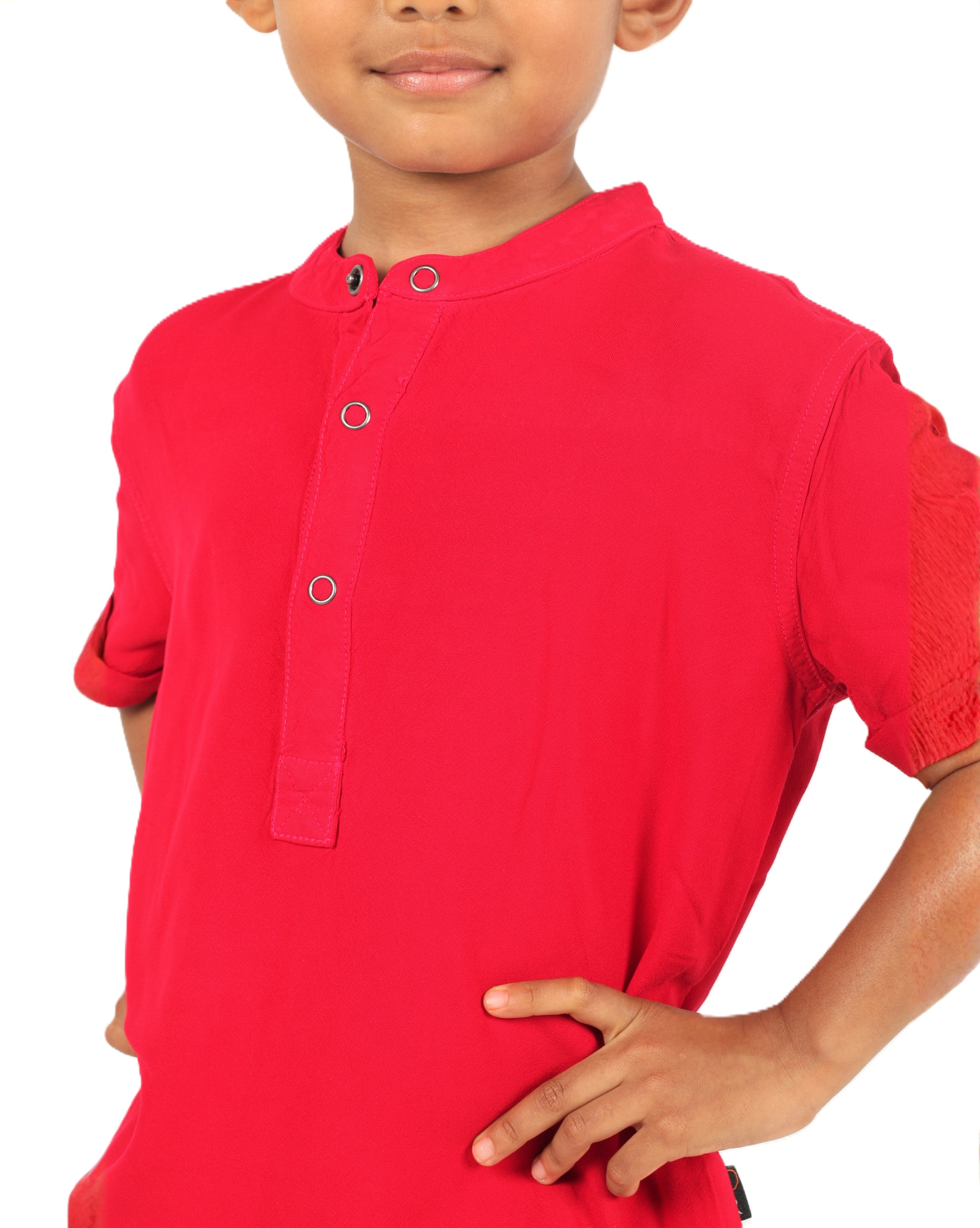 IDENTITI Boys Slim Fit Mandarin Collar Solid Shirt In Red.