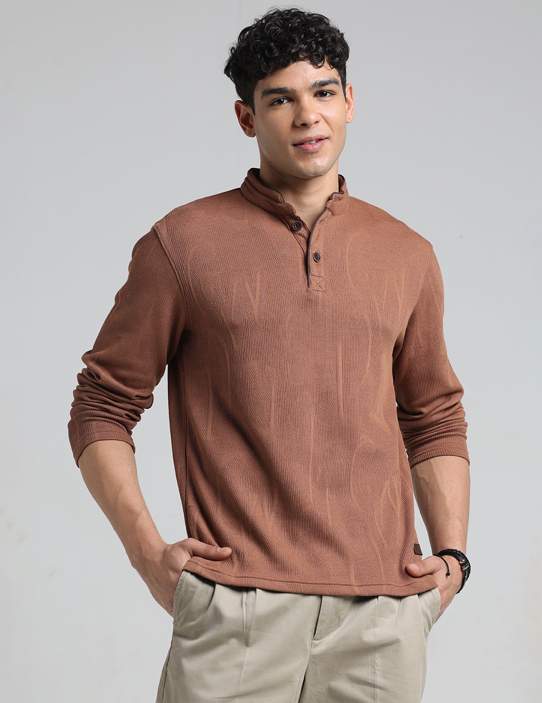 IDENTITI Men Slim Fit Mandarin Collar Solid T-Shirt In Khaki.