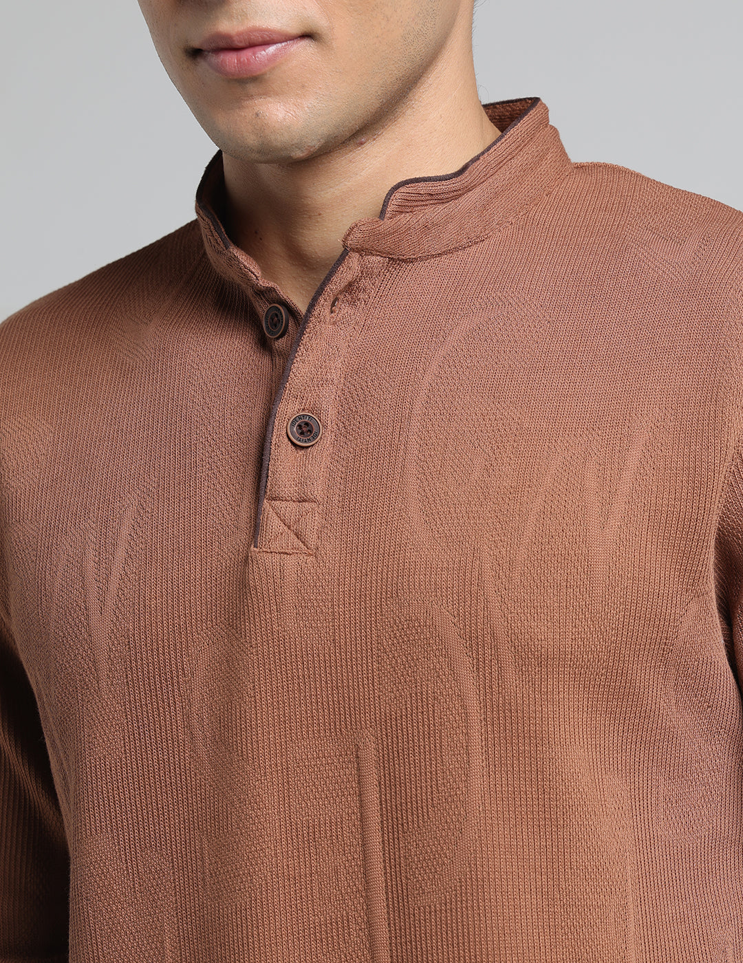 IDENTITI Men Slim Fit Mandarin Collar Solid T-Shirt In Khaki.