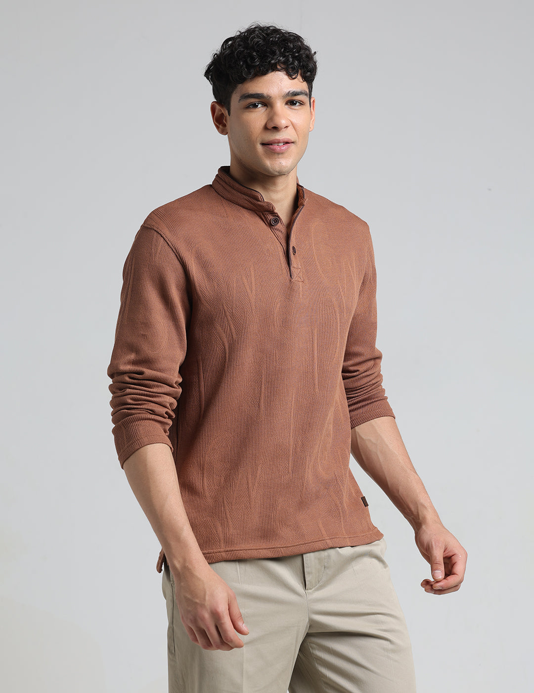 IDENTITI Men Slim Fit Mandarin Collar Solid T-Shirt In Khaki.