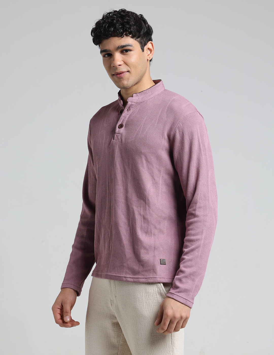IDENTITI Men Slim Fit Mandarin Collar Solid T-Shirt In Onion.