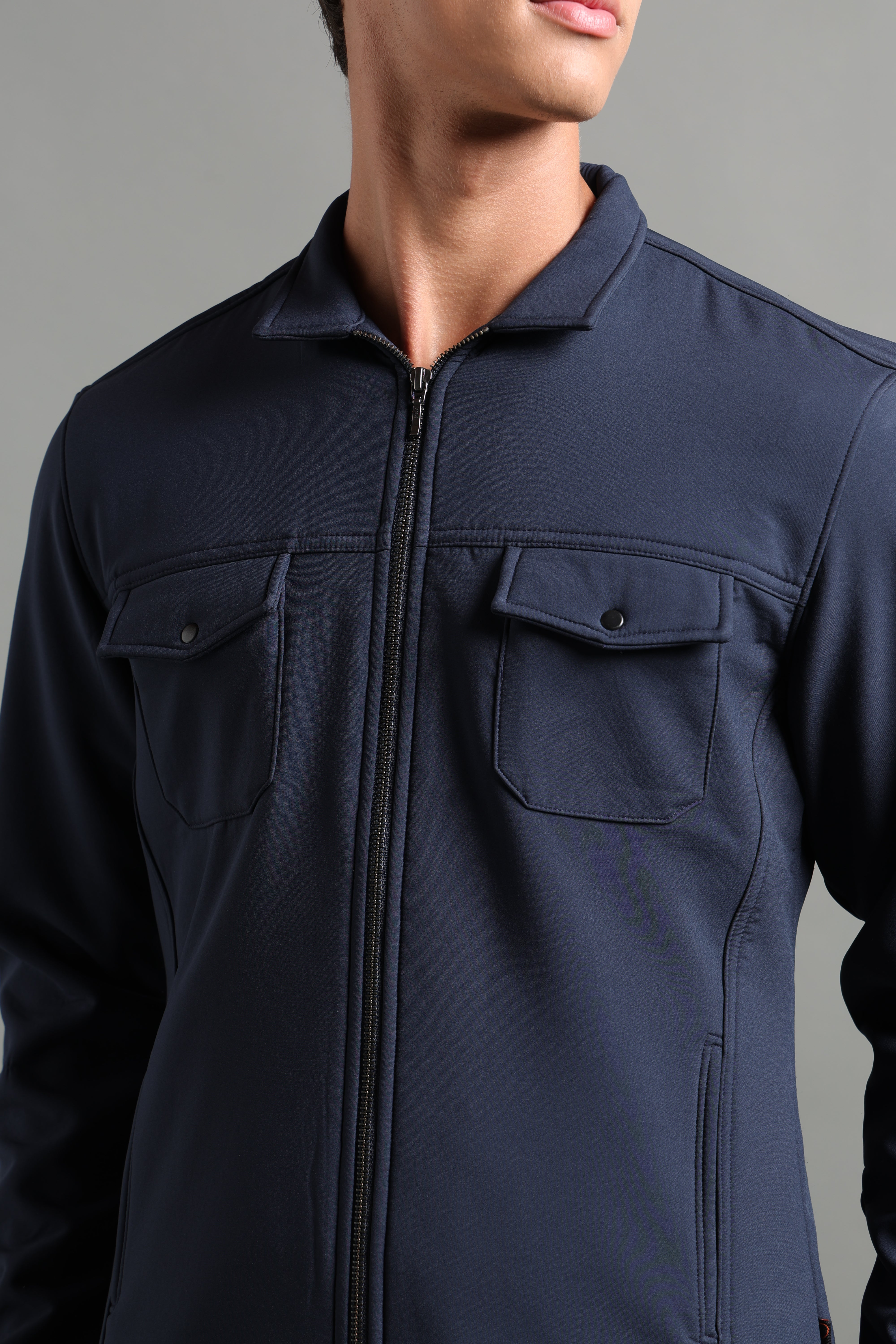 IDENTITI Men Slim Fit Regular Collar Solid Jacket In Navy.