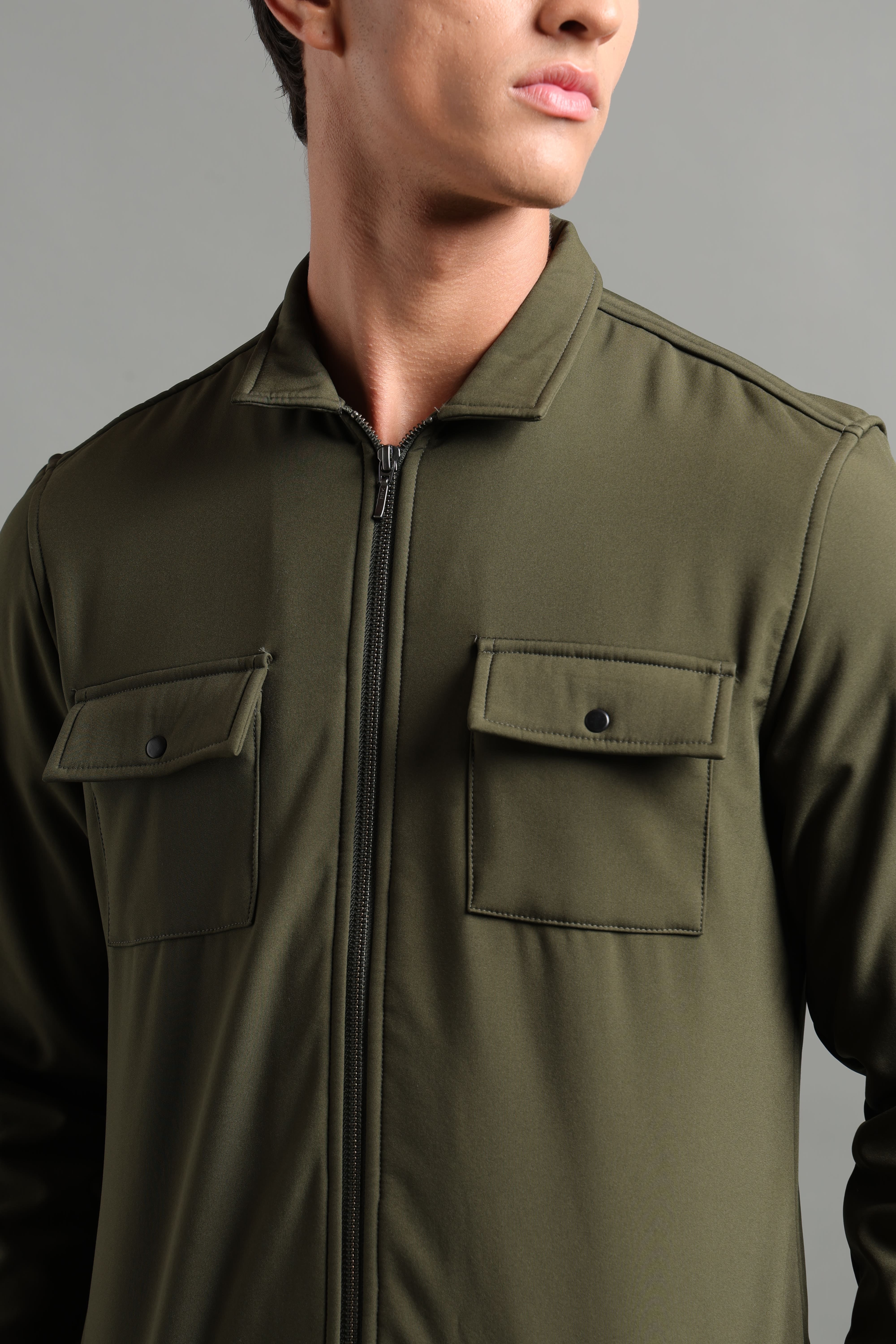 IDENTITI Men Slim Fit Regular Collar Solid Jacket In Olive.