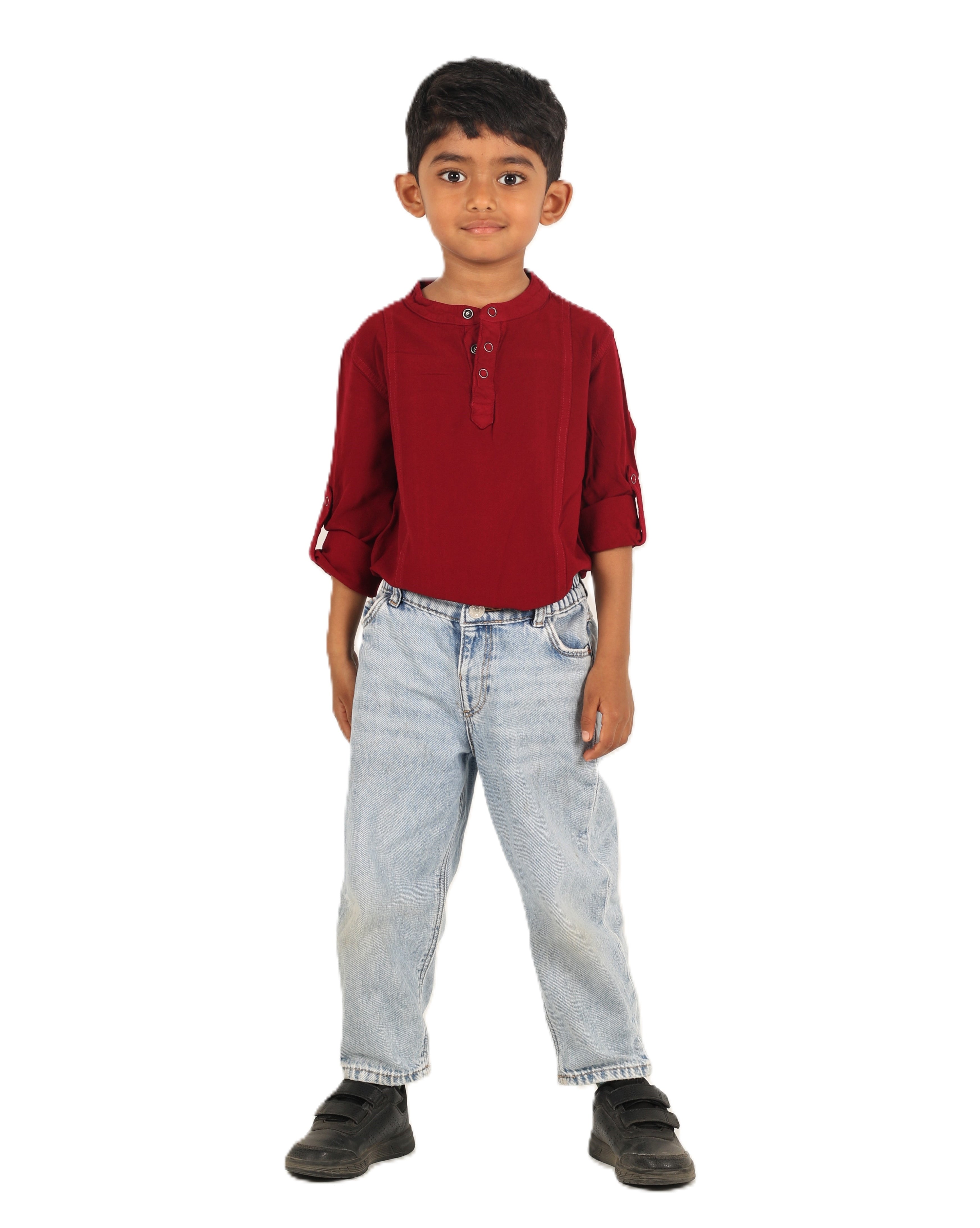 IDENTITI Boys Slim Fit Mandarin Collar Solid Shirt In Maroon.