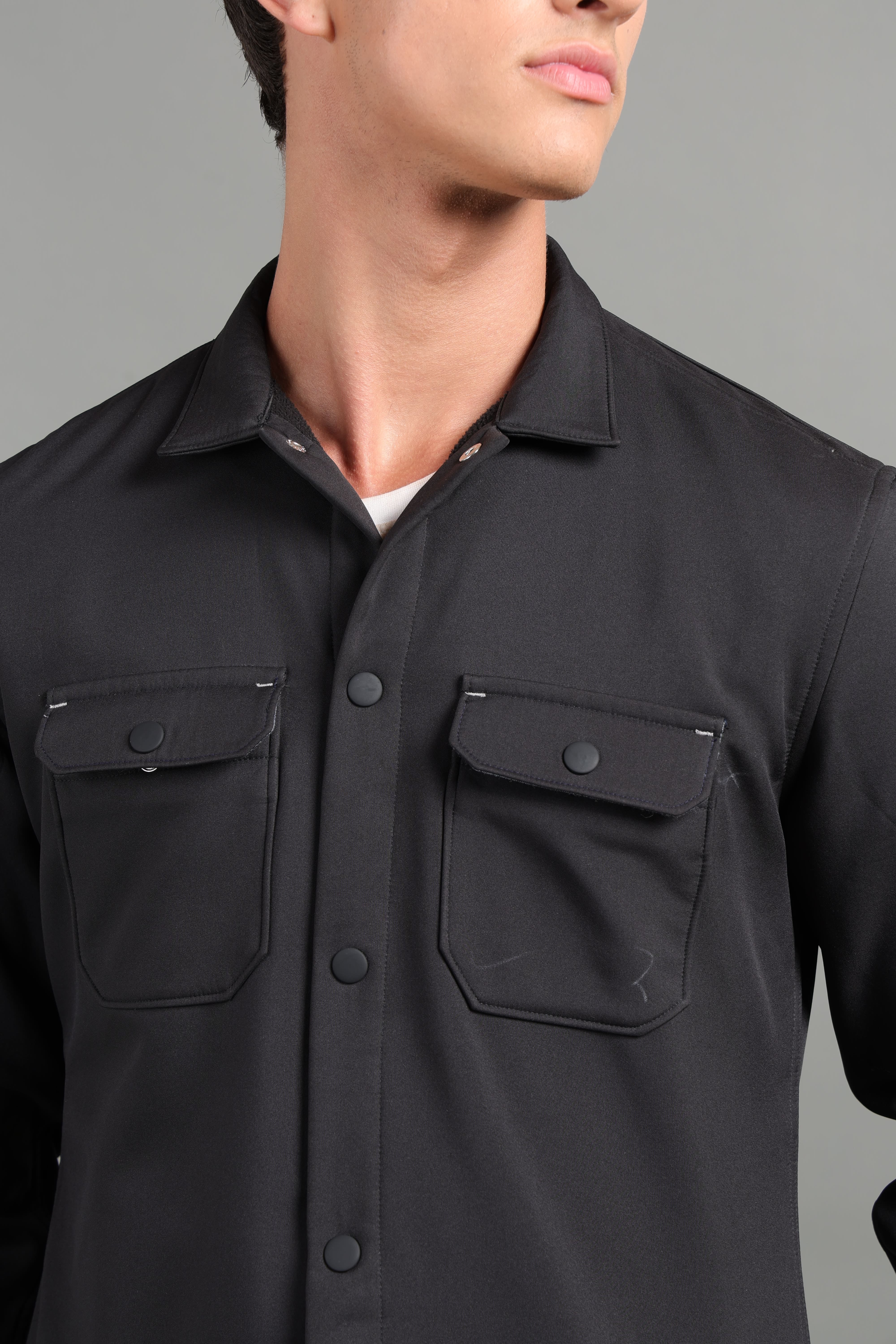 IDENTITI Men Slim Fit Regular Collar Solid Shacket In Black.