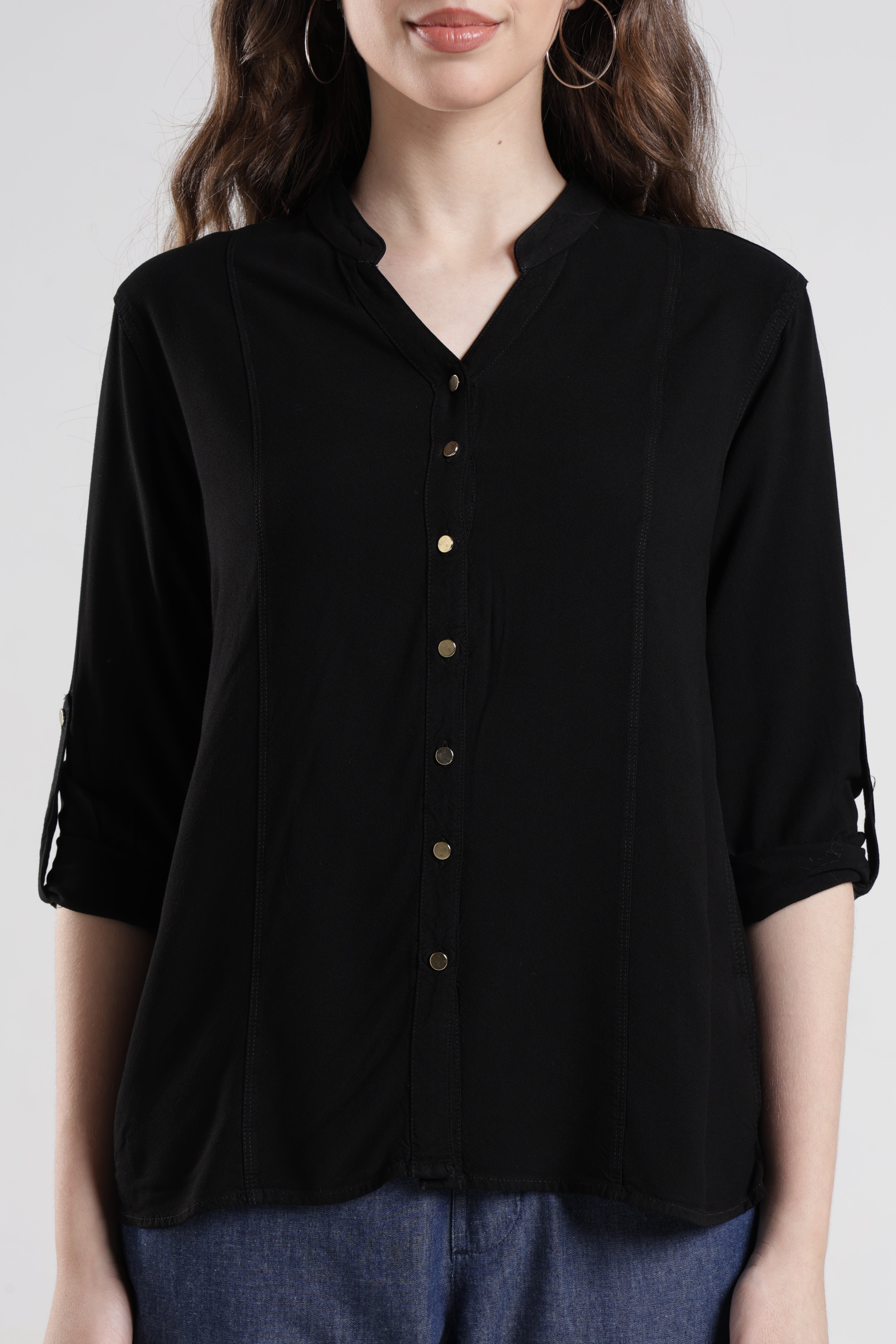 Identiti Women Indo Western Solid Shirt - Black