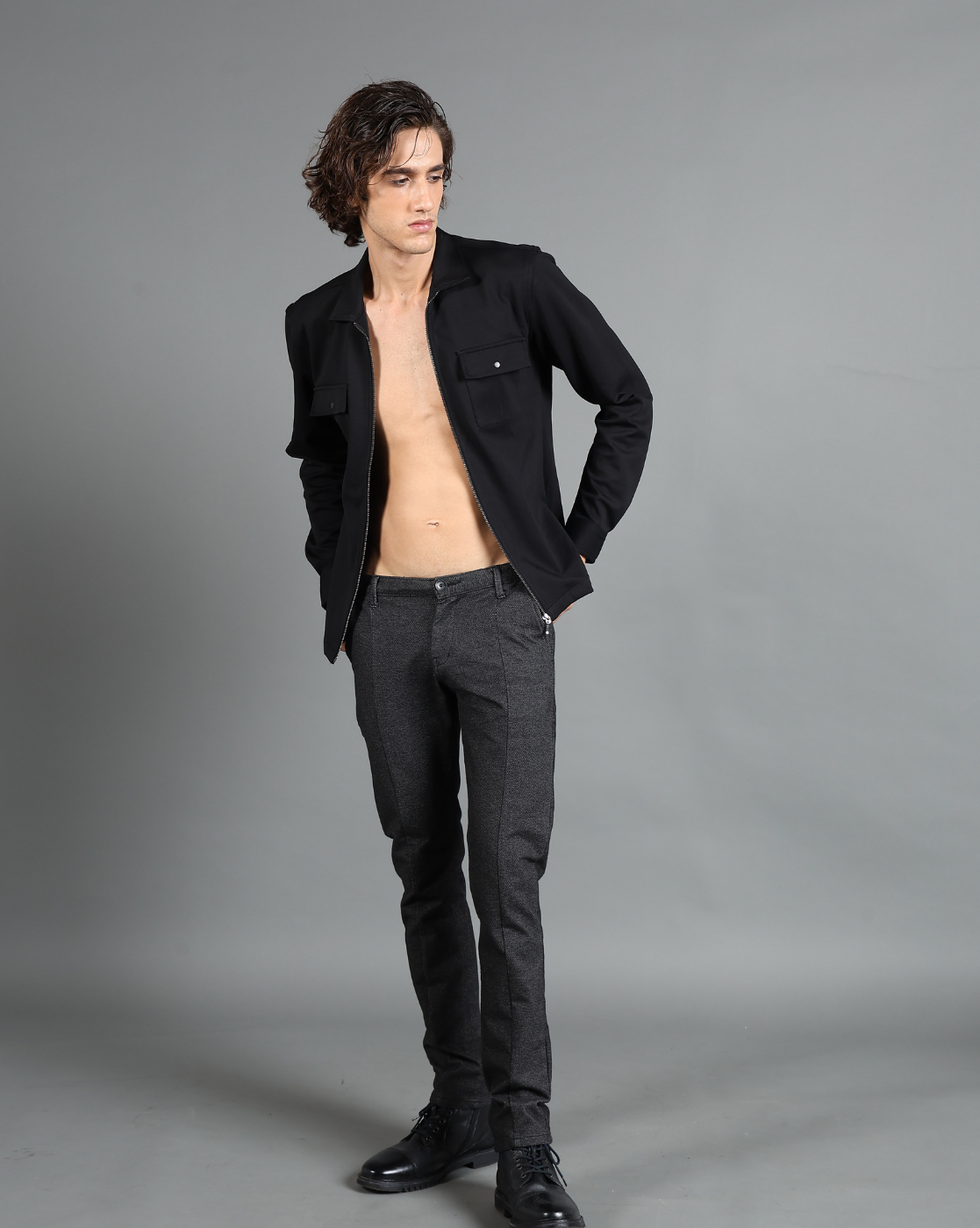 IDENTITI Men Slim Fit Regular Collar Solid knit Jacket In Black.