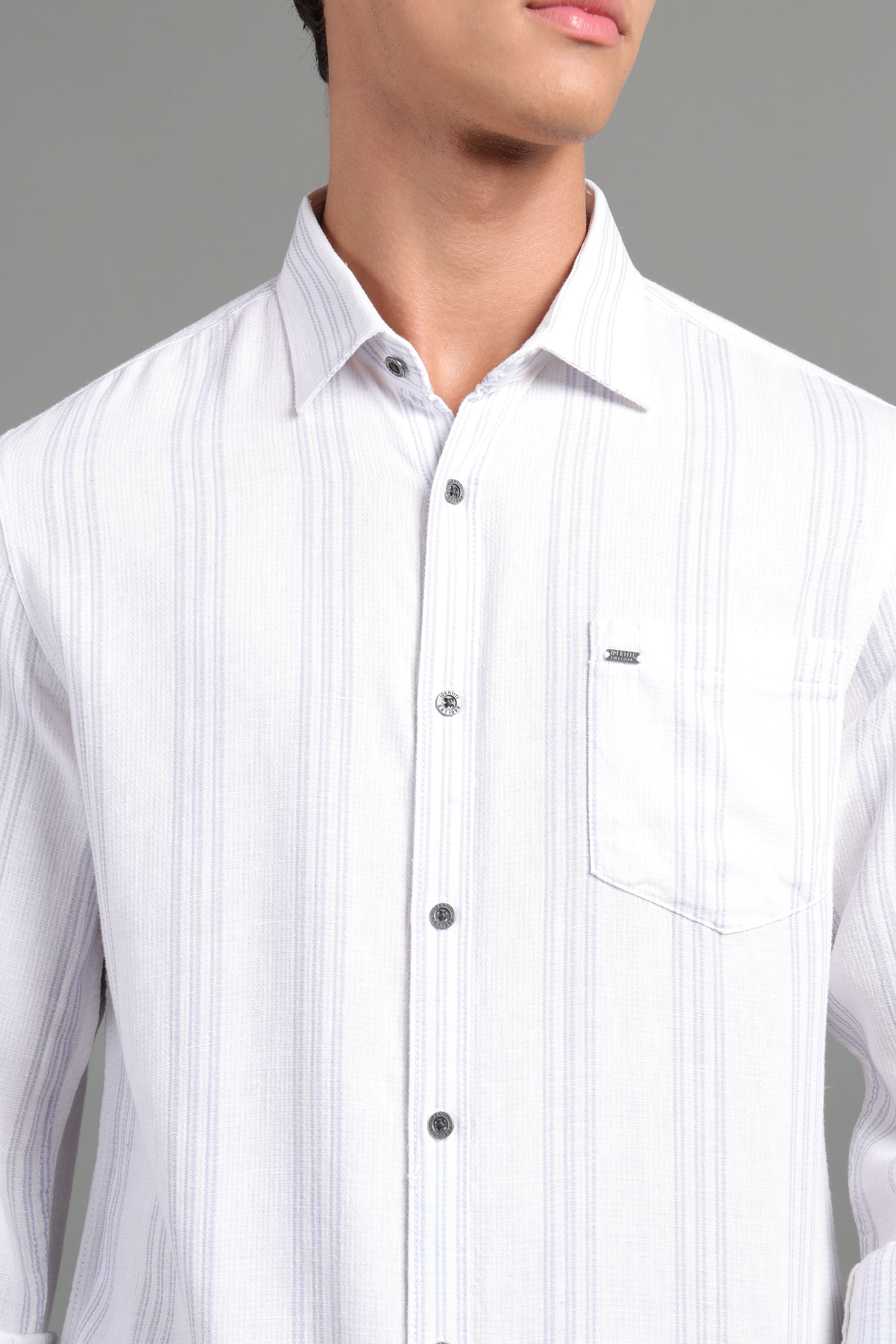 IDENTITI Men Slim Fit Regular Collar Striped Shirt In White.