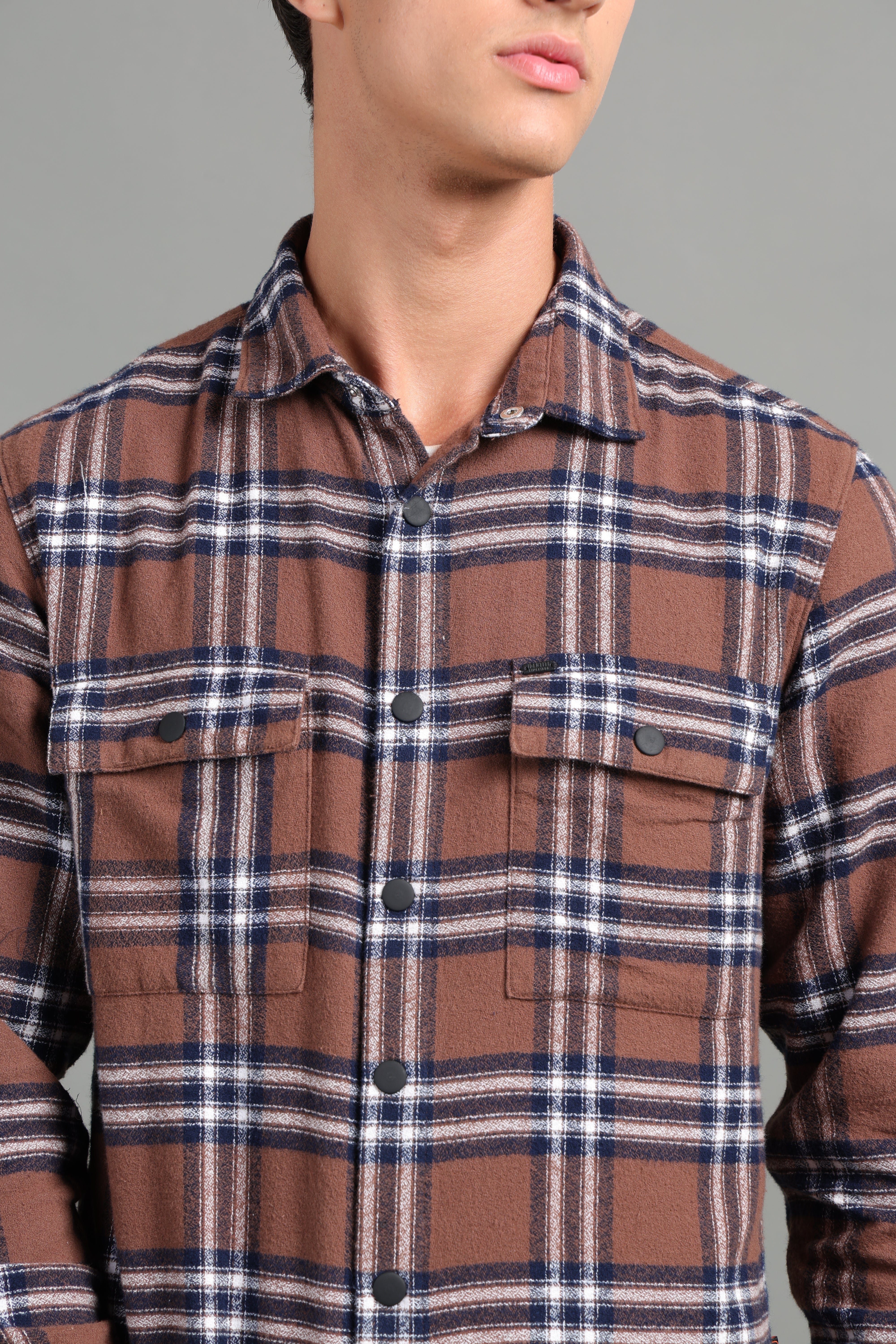 IDENTITI Men Slim Fit Regular Collar Checks Shacket In Brown.