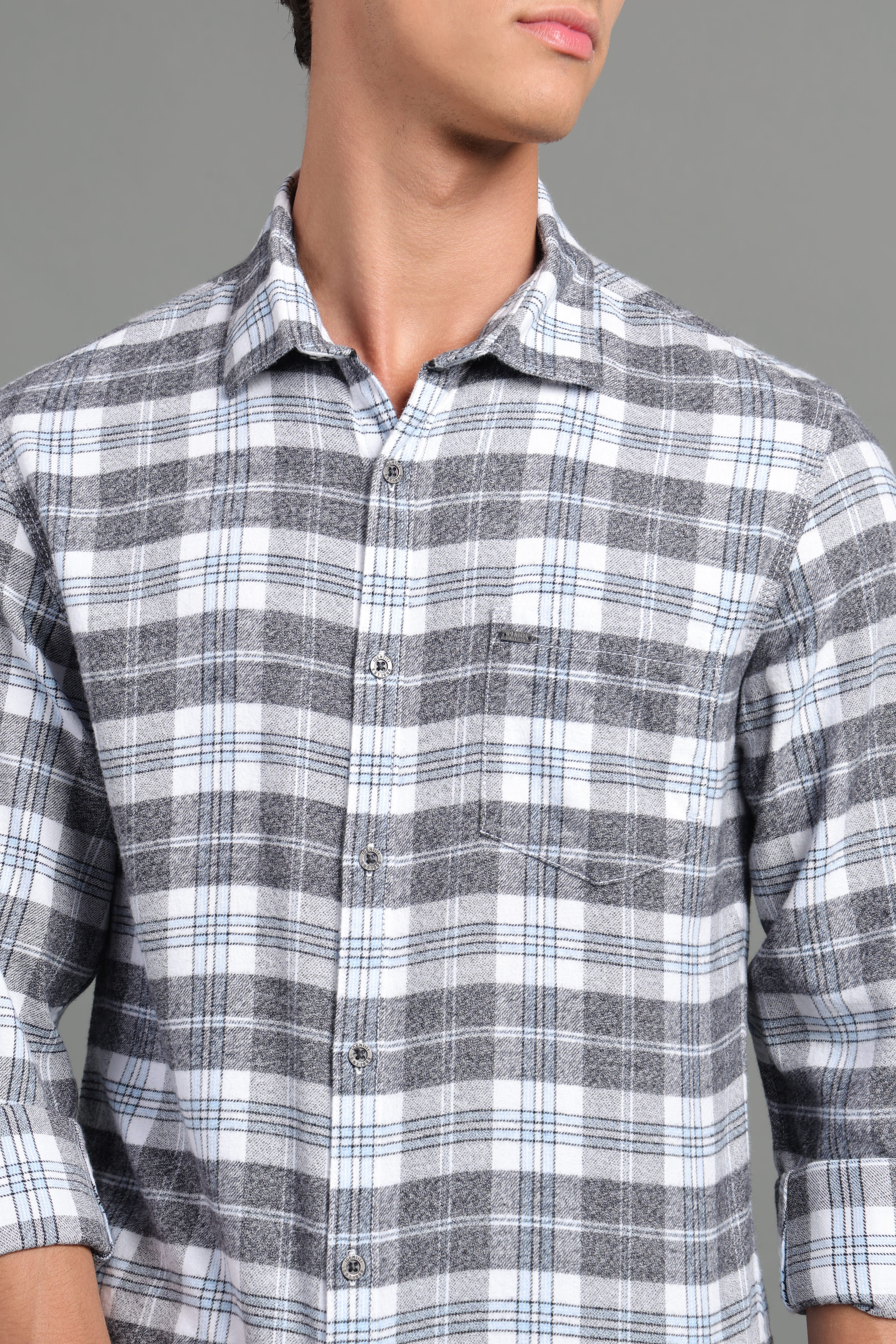 IDENTITI Men Slim Fit Regular Collar Checks Shirt In Grey Melange.