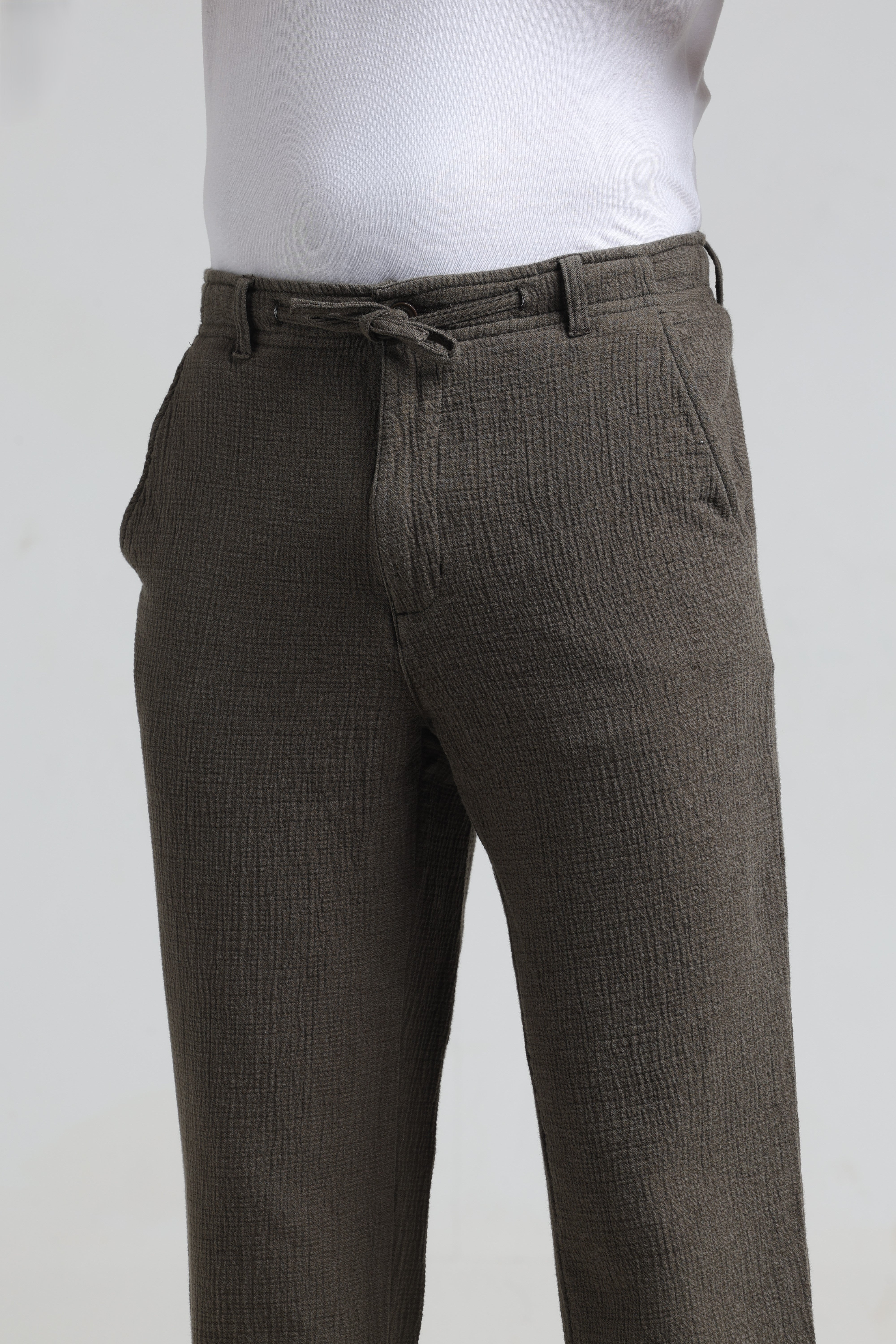 IDENTITI Men Relaxed Fit Non Denim Solid Trouser In Olive Green.