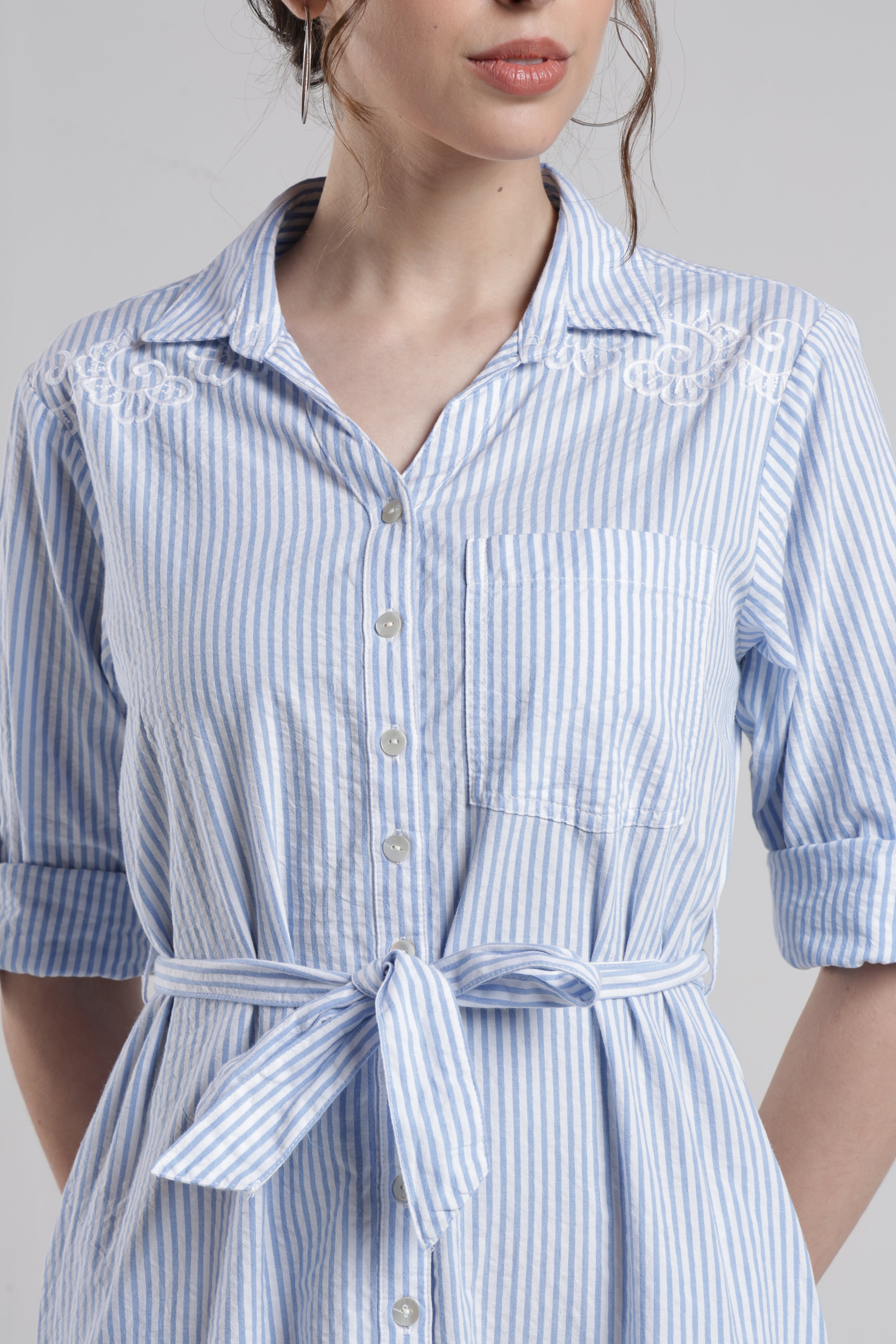 Identiti Women Casual Striped Embroidered Dress - Blue