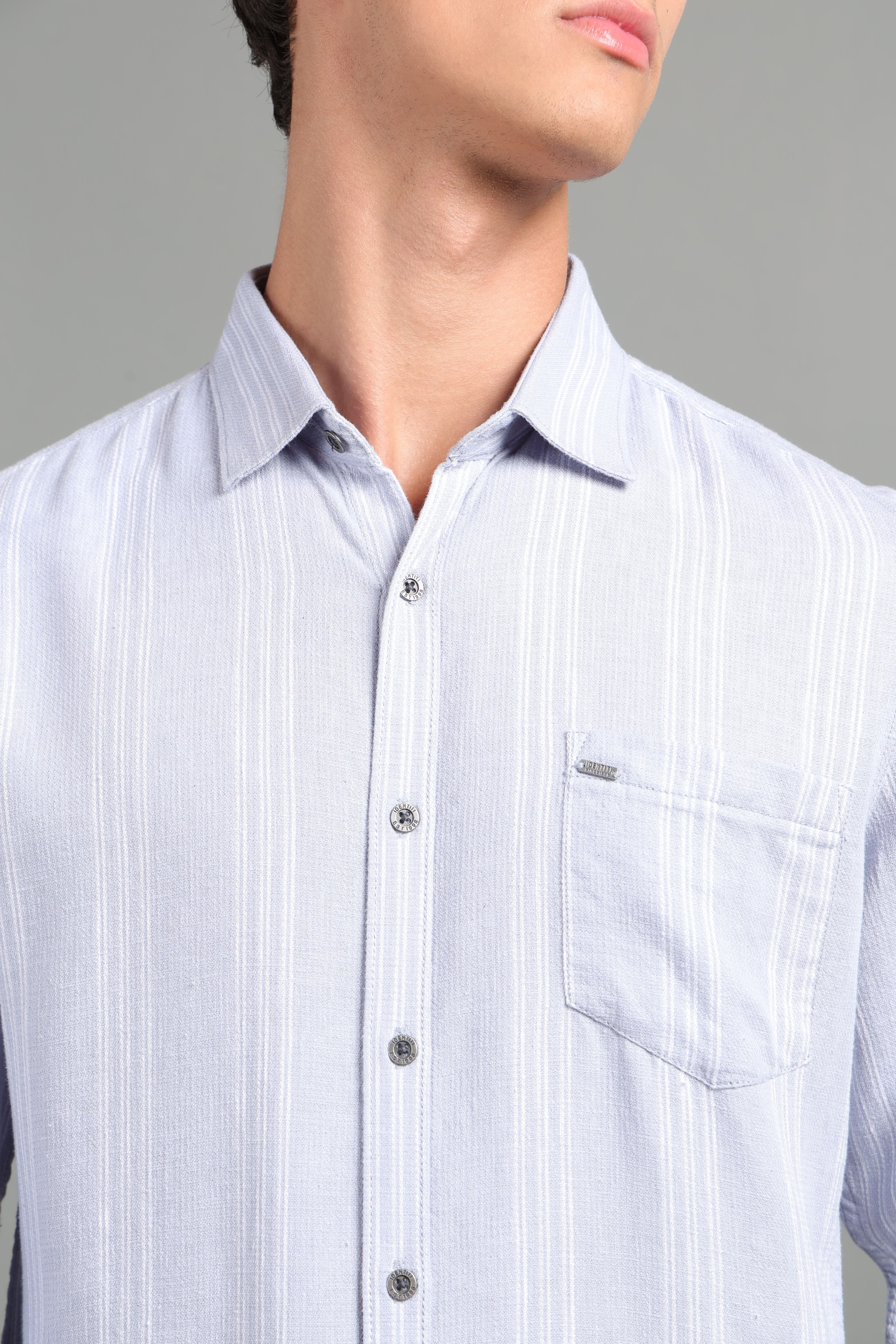 IDENTITI Men Slim Fit Regular Collar Striped Shirt In Grey.