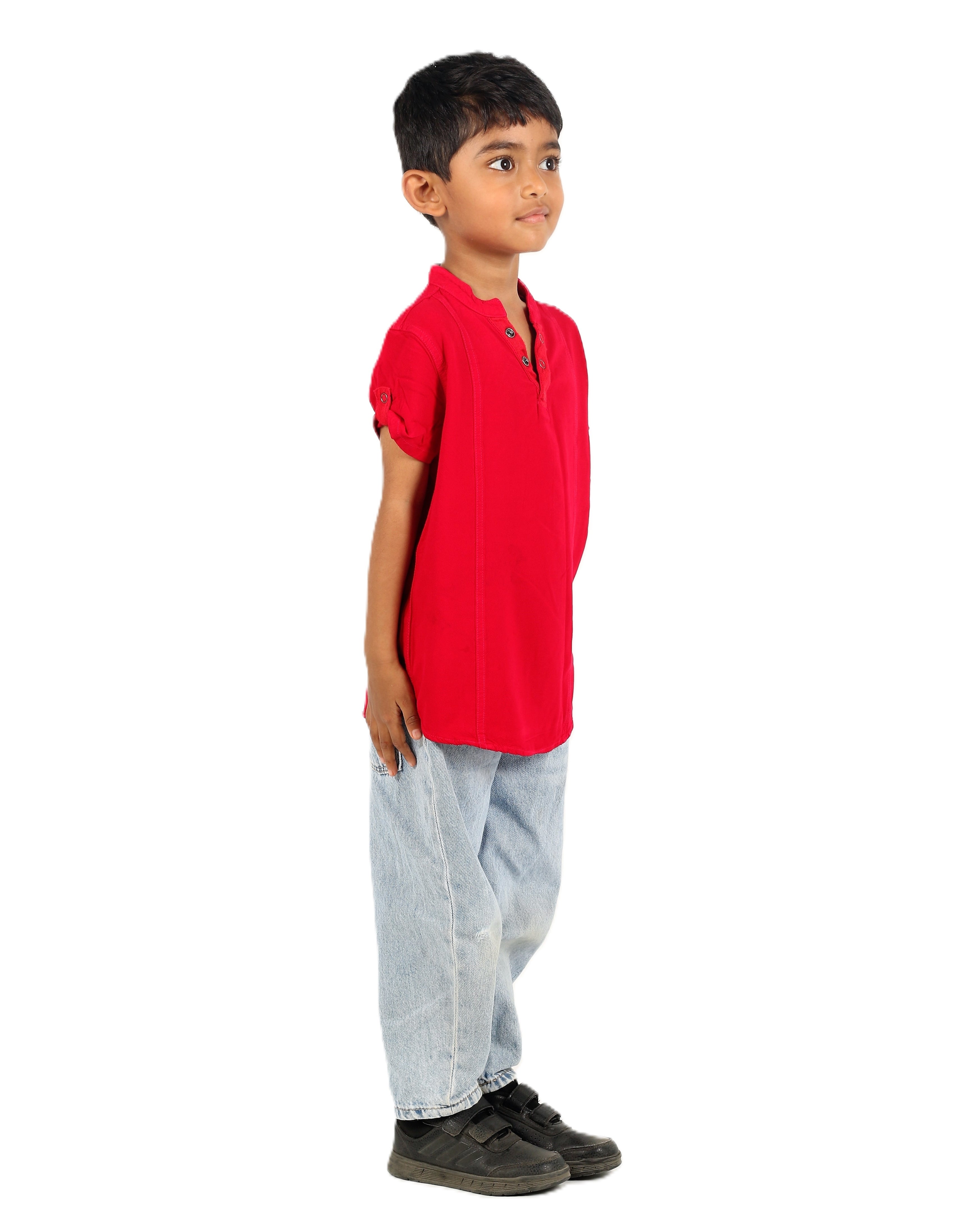IDENTITI Boys Slim Fit Mandarin Collar Solid Shirt In Red.