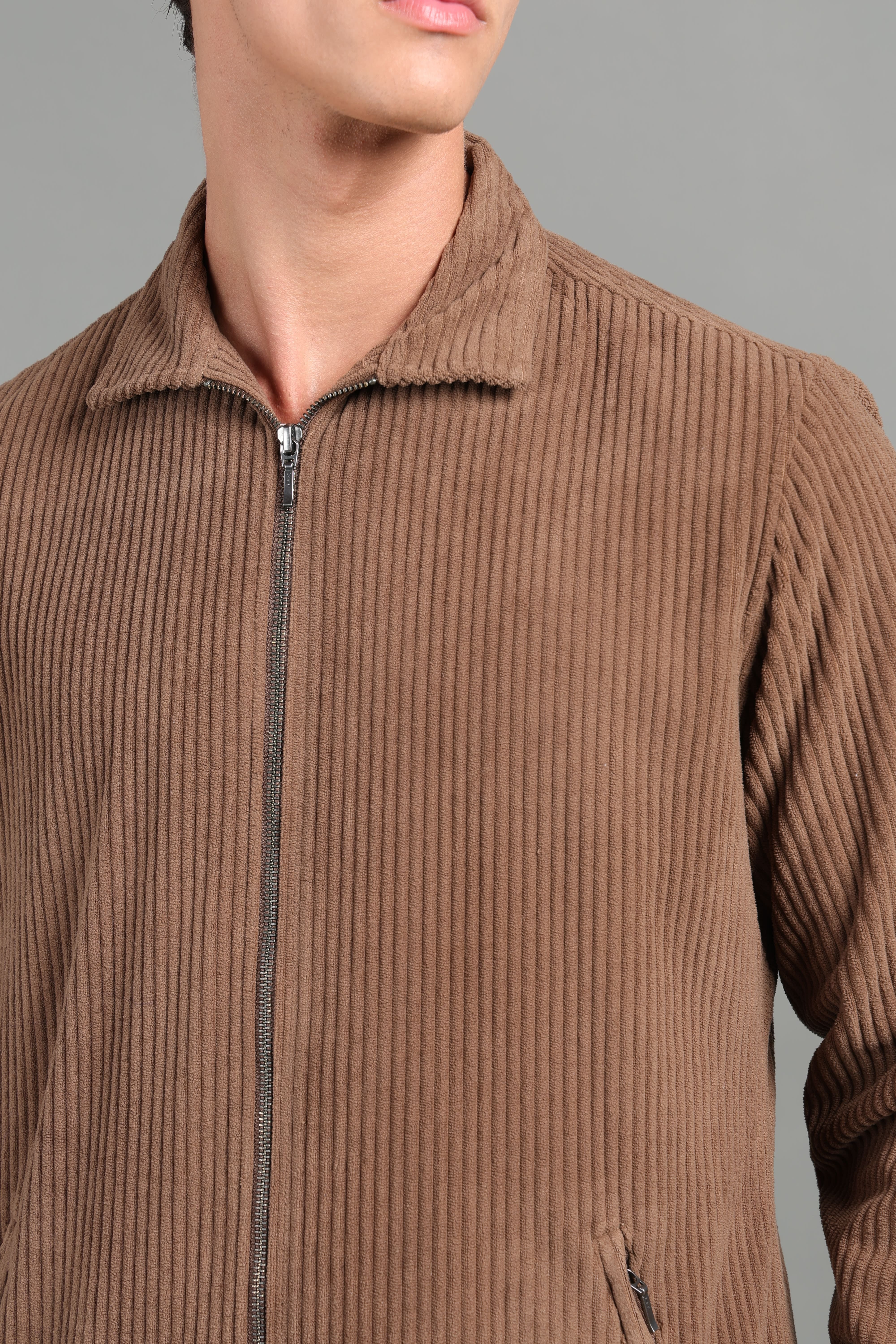 IDENTITI Men Slim Fit Regular Collar Solid Jacket In Khaki.
