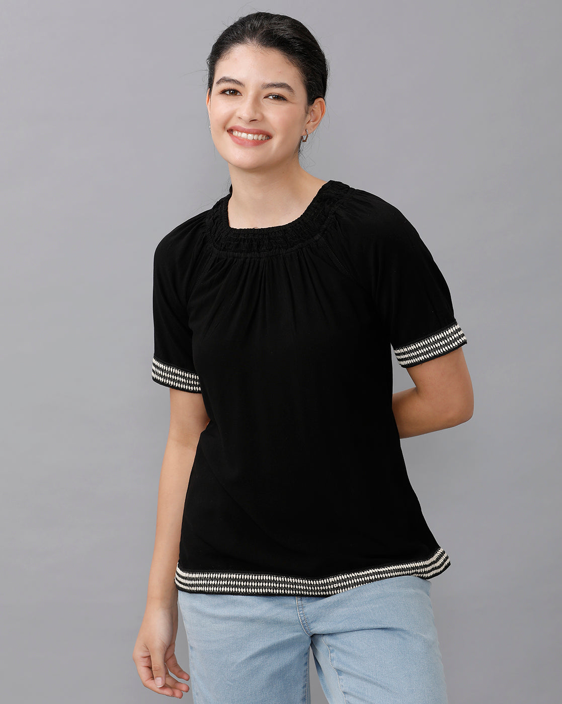 Identiti Women Solid Indo Western top with smocking - Black