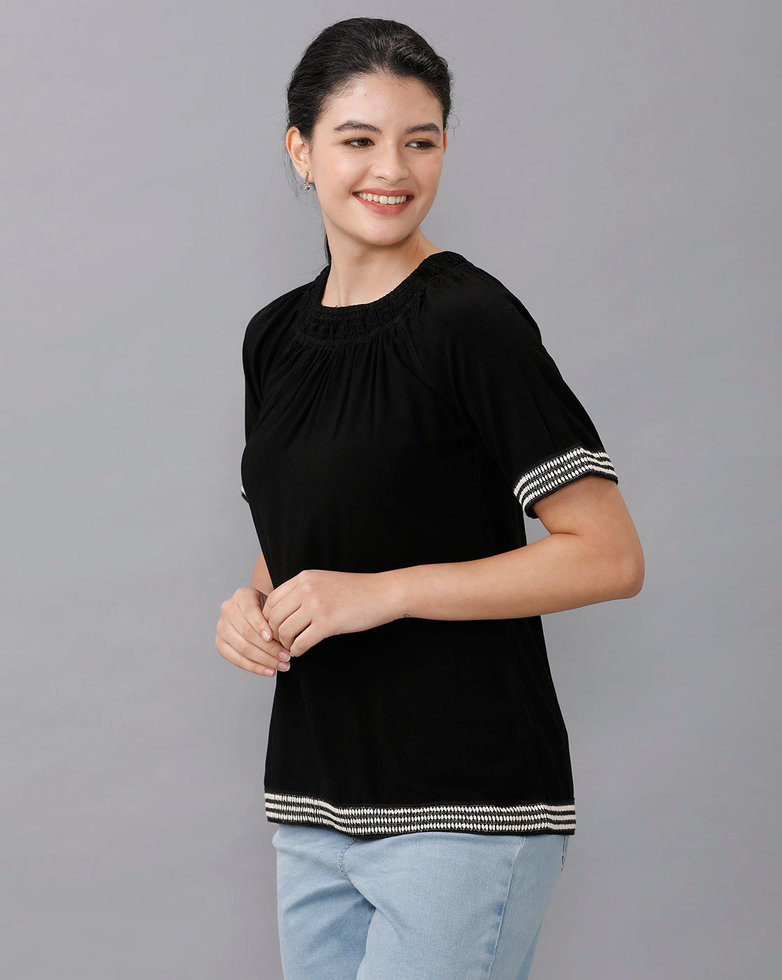 Identiti Women Solid Indo Western top with smocking - Black