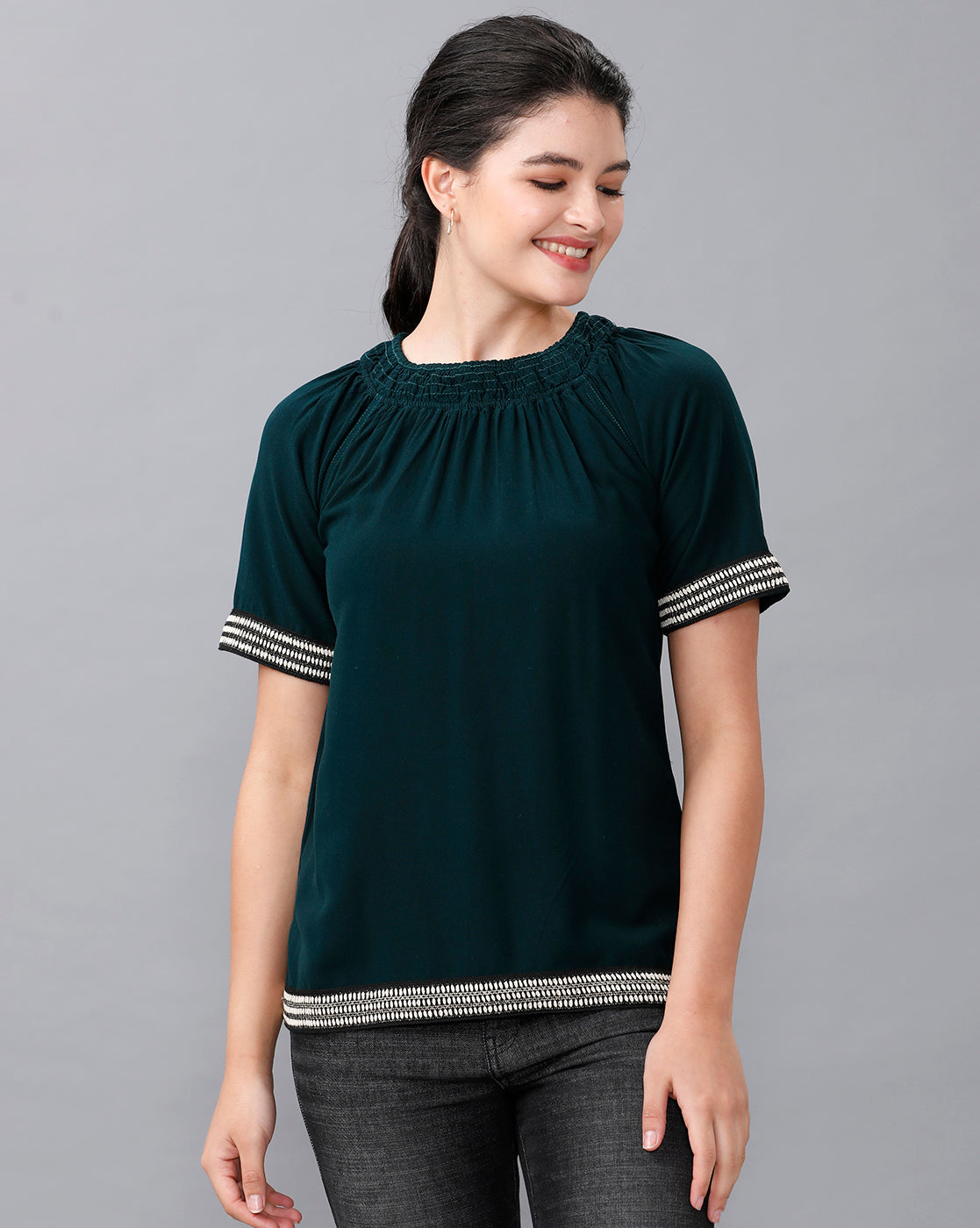 Identiti Women Solid Indo Western top with smocking - Green