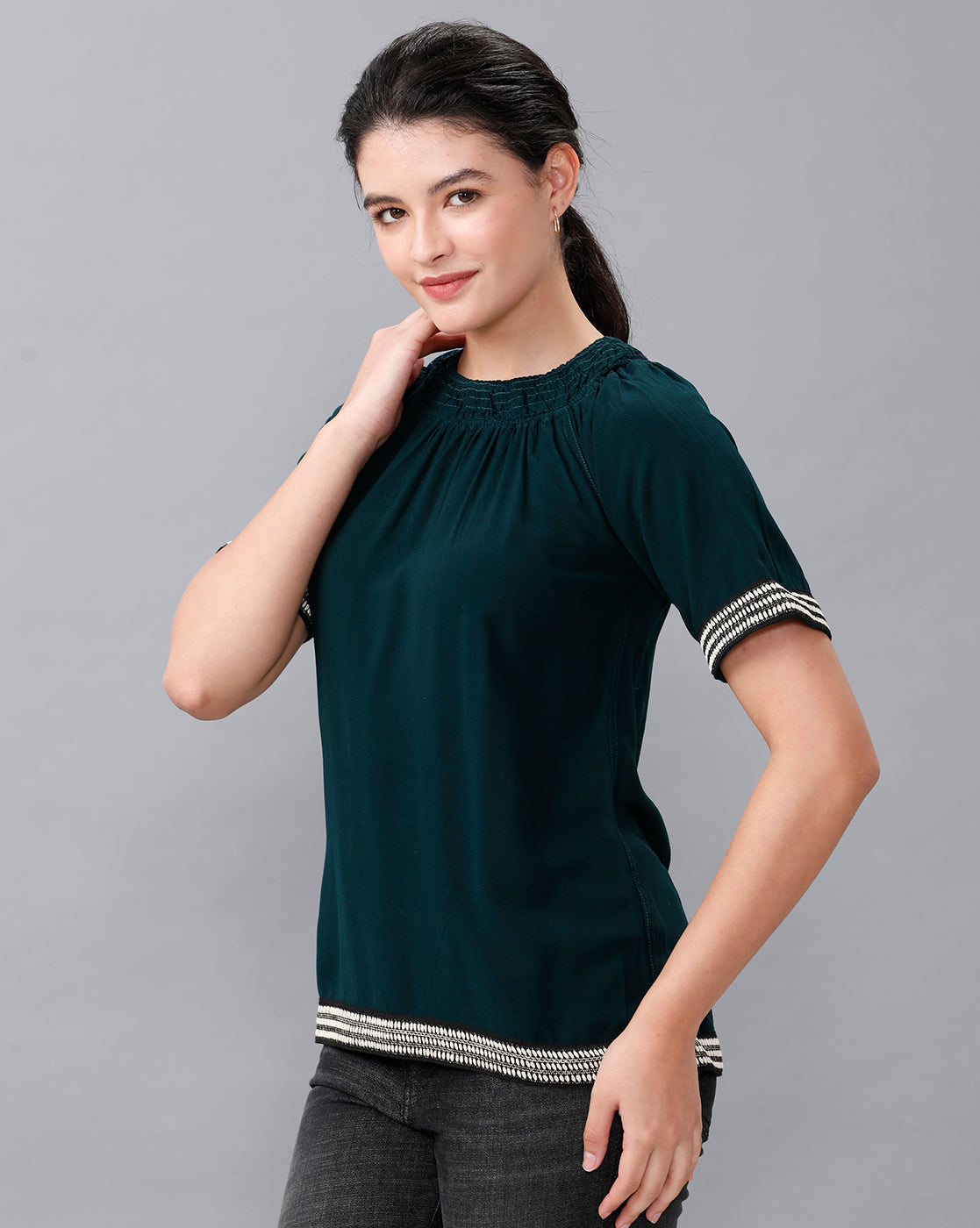 Identiti Women Solid Indo Western top with smocking - Green